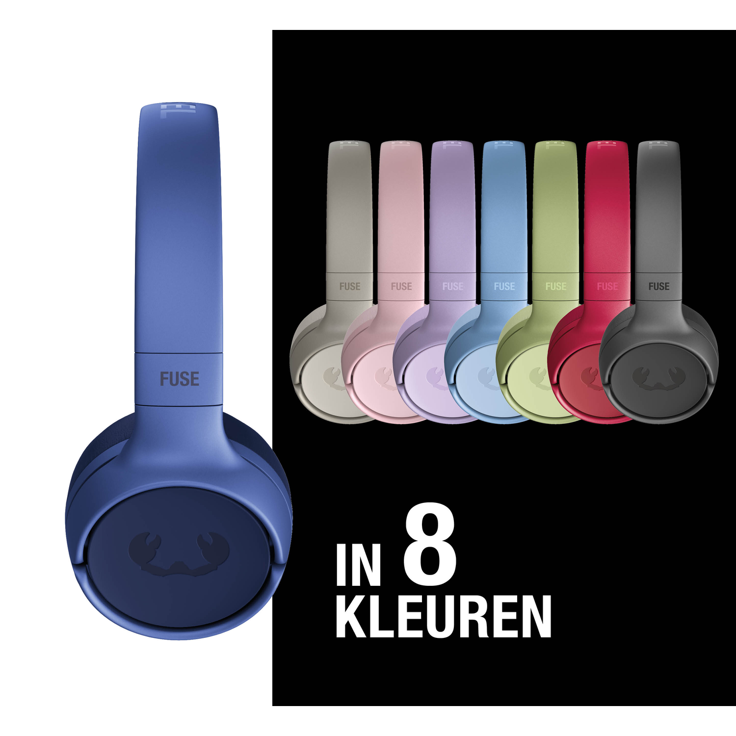 Afbeelding toont een blauwe koptelefoon. Op de achtergrond staan 7 koptelefoons in verschillende kleuren. Tekst zegt 'IN 8 KLEUREN'.