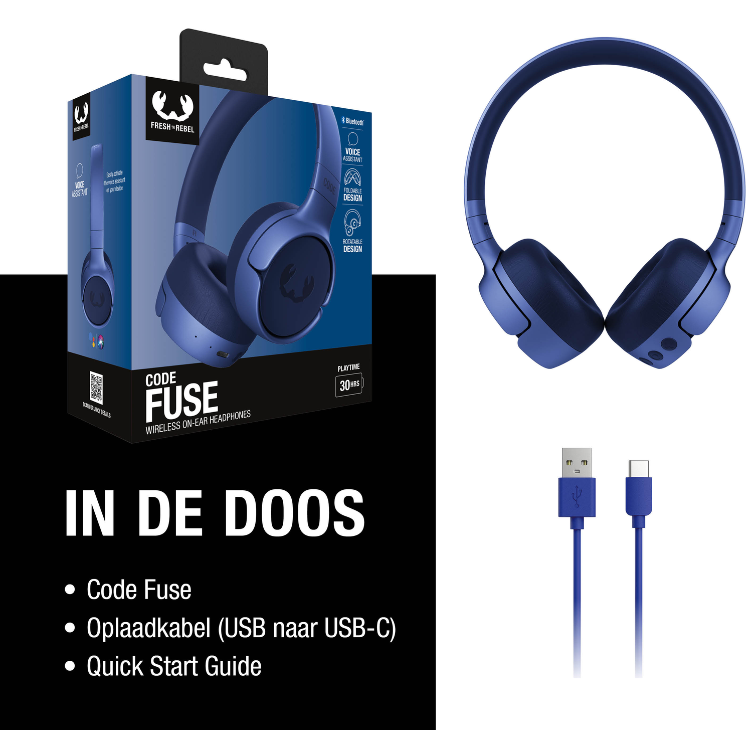 Afbeelding toont blauwe koptelefoon, doos met koptelefoon en oplaadkabel. Tekst bevat 'Code Fuse' en '30 uur speeltijd'.