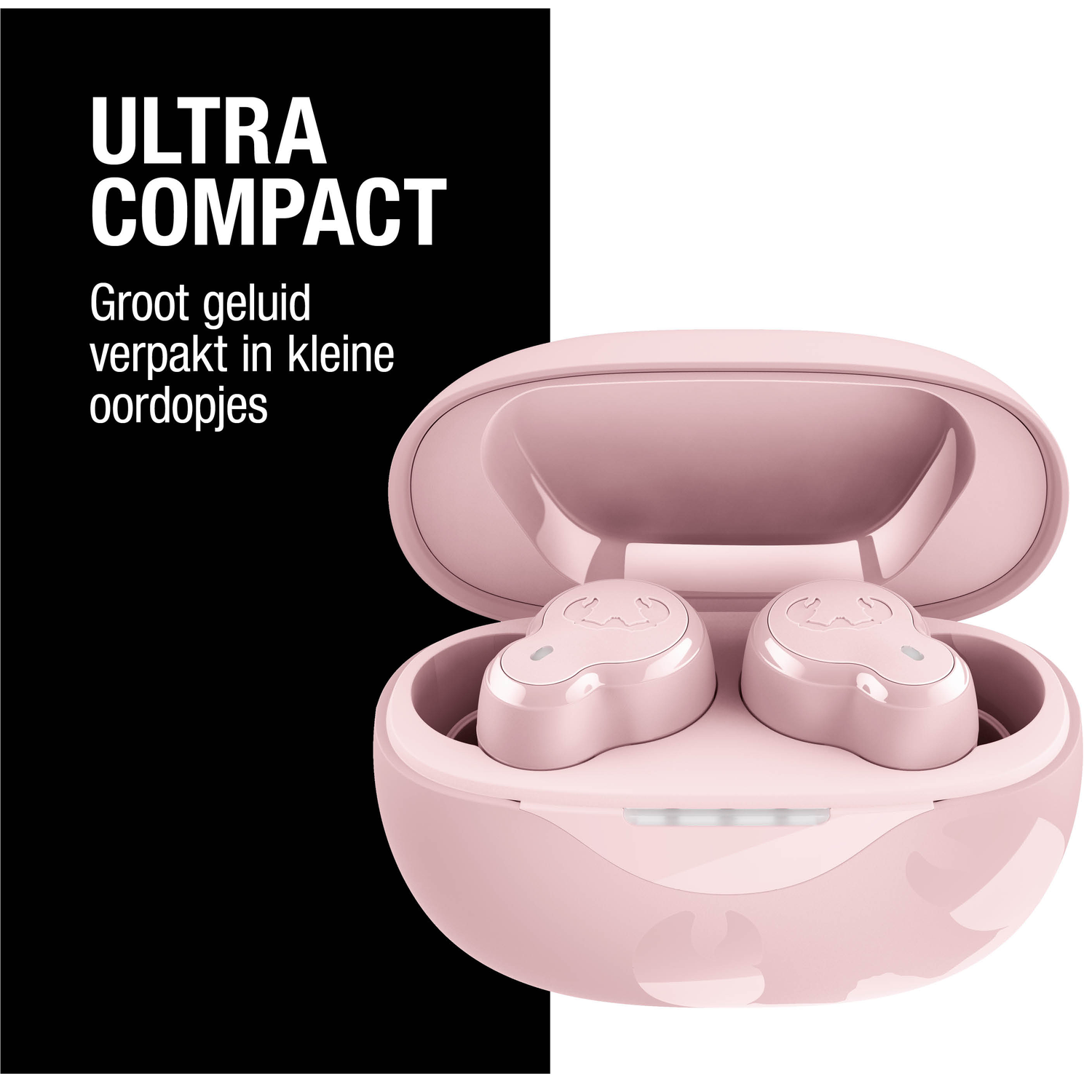 Roze oordopjes in een open roze hoesje. Tekst luidt 'ULTRA COMPACT' en Nederlandse tekst.