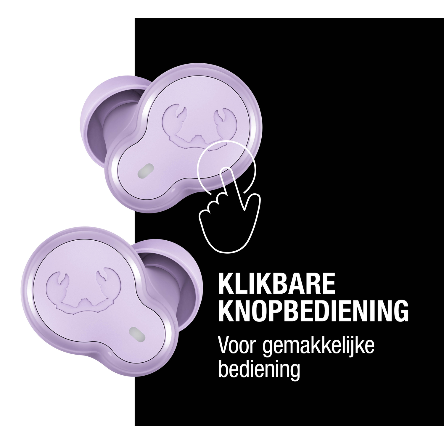 Twee lavendelkleurige oortelefoons met een witte omtrek van een vinger die naar één wijst. Tekst: Klikbare knopbediening. Voor gemakkelijke bediening.