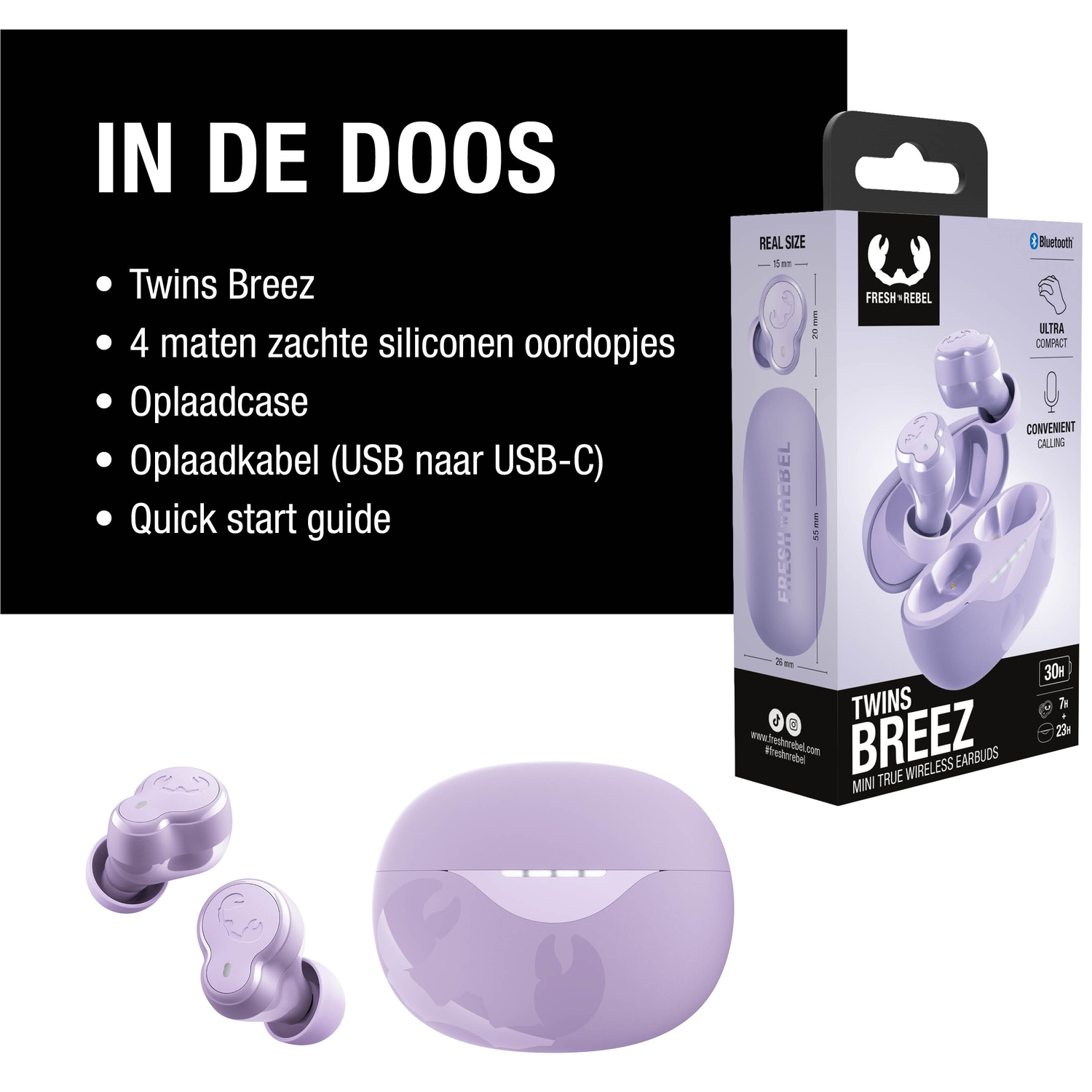 Afbeelding toont Twins Breez oortelefoons, case en doos. De doos vermeldt items zoals oortelefoons, oplaadkabel en handleiding.