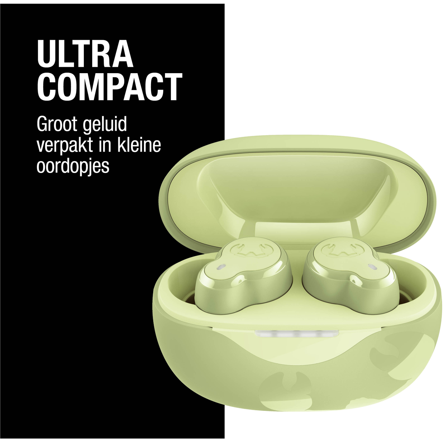 Open groene oortjes in een case. Tekst: 'ULTRA COMPACT' met Nederlandse beschrijving.