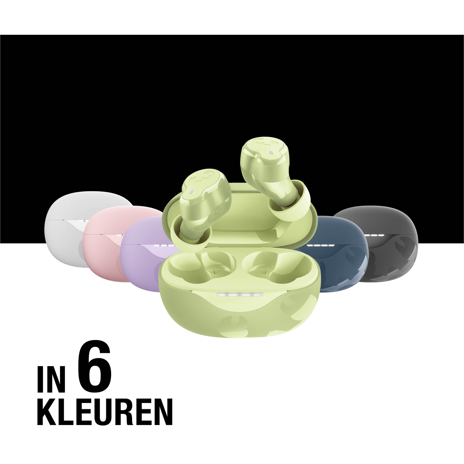 Afbeelding toont oordopjes in diverse kleuren: wit, roze, paars, groen, blauw en grijs. Tekst zegt 'IN 6 KLEUREN'.