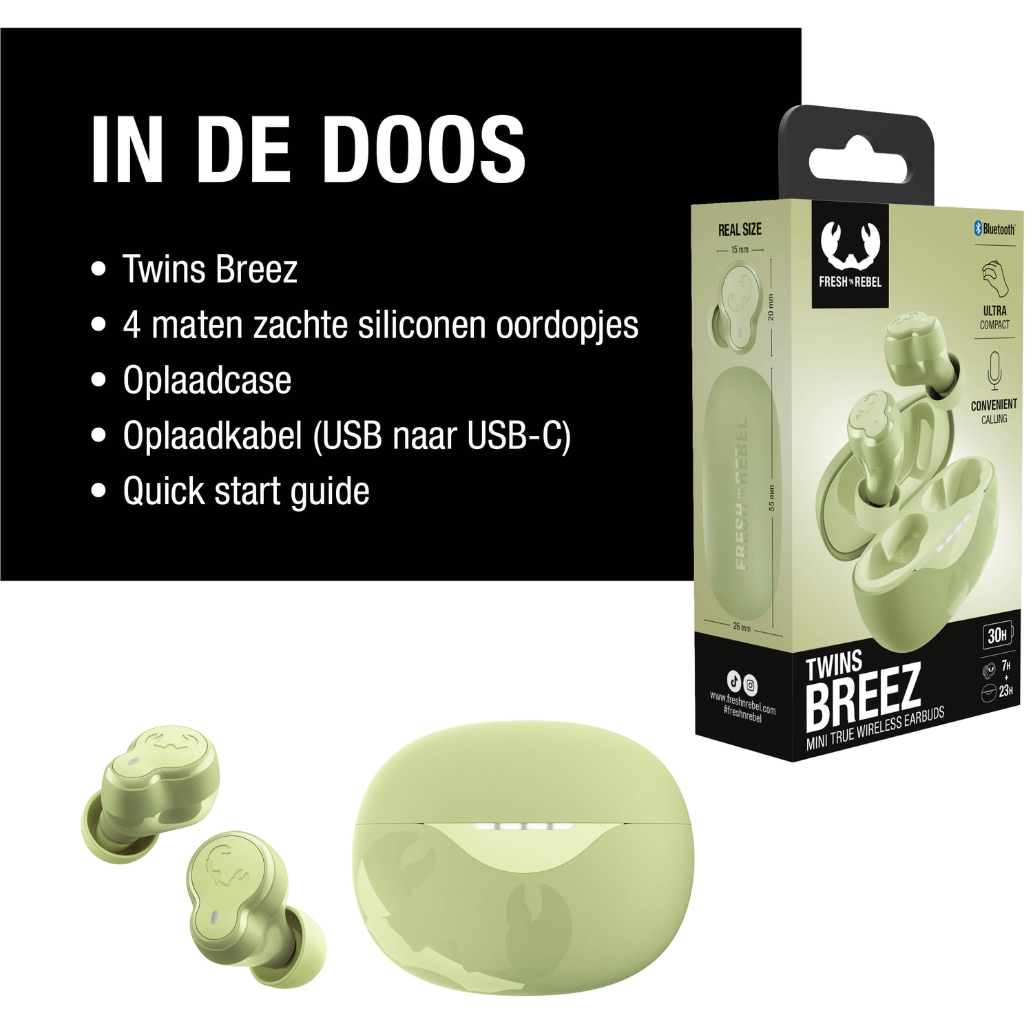Afbeelding toont een productdoos met oordopjes en een oplaadcase. De tekst geeft 'Twins Breez' met accessoires aan.