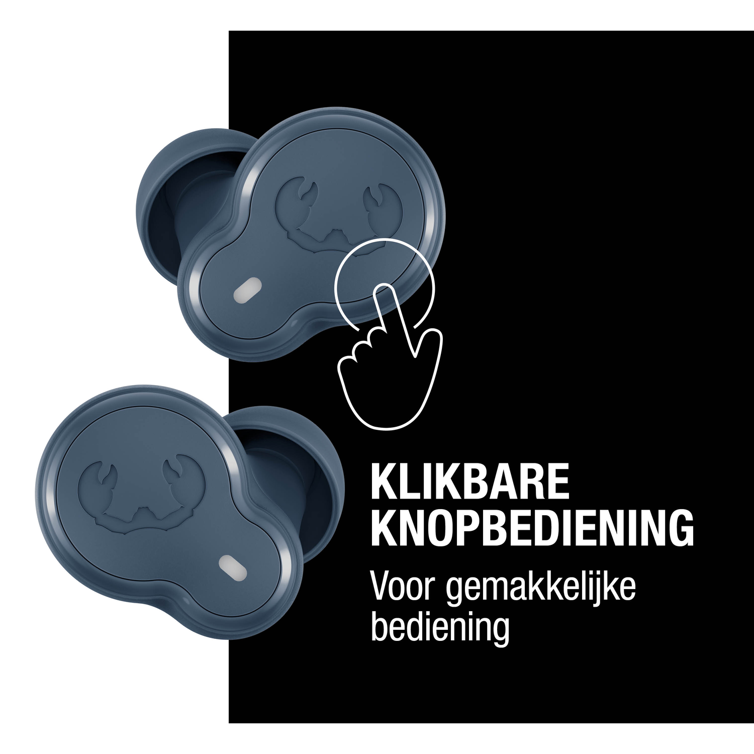 Twee donkerblauwe oortelefoons met witte omtrek van een vinger die de oortelefoon aanraakt. Tekst: 'Klikbare knopbediening'.