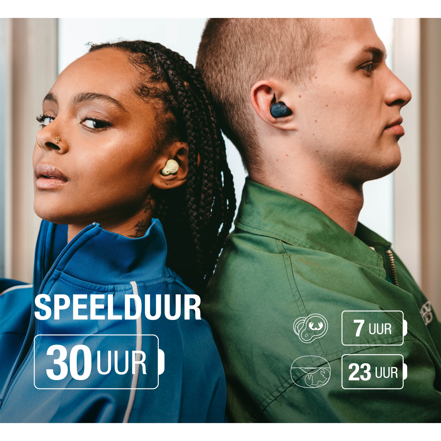 Two people wearing earbuds back-to-back. One wears blue, the other green. Text shows 30 hours of playtime and 7/23 hours.