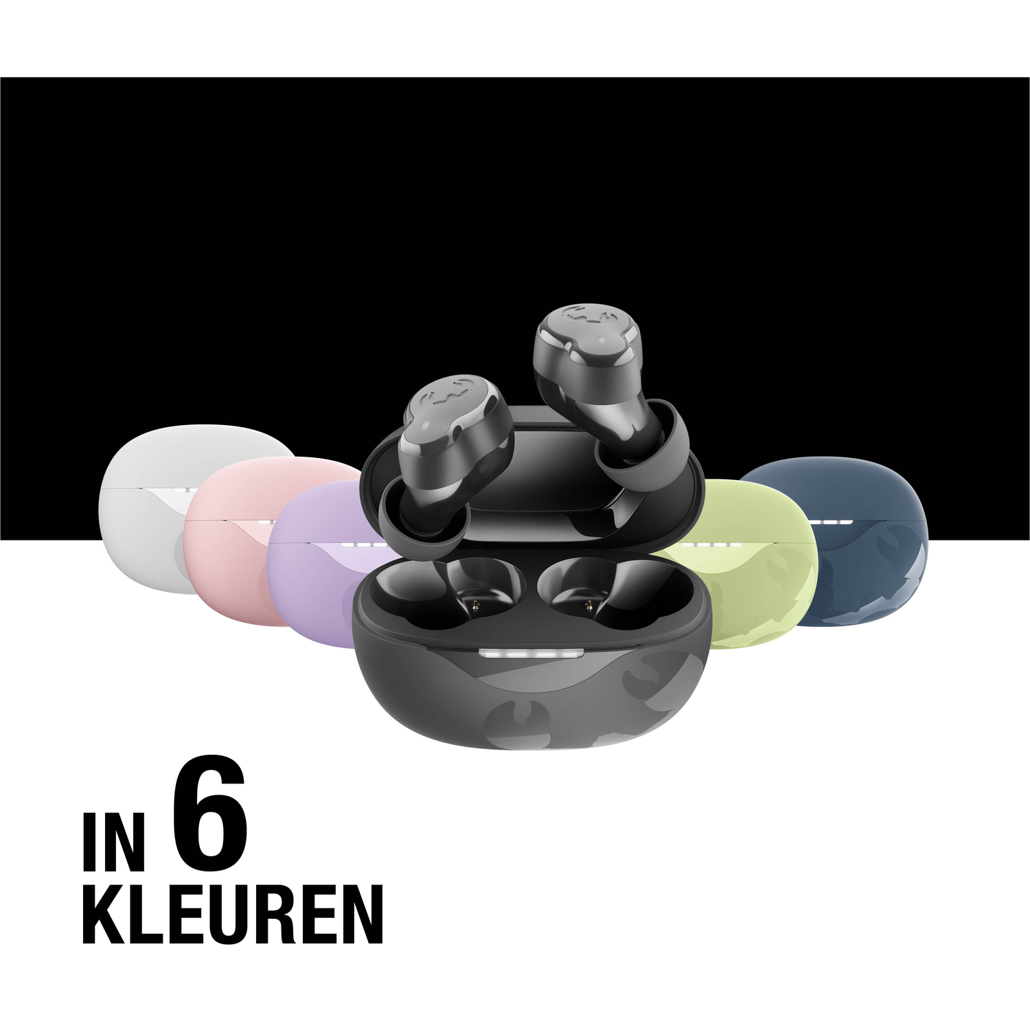 Earbuds in a charging case, available in six colors. The earbuds are black, with a black and white background.