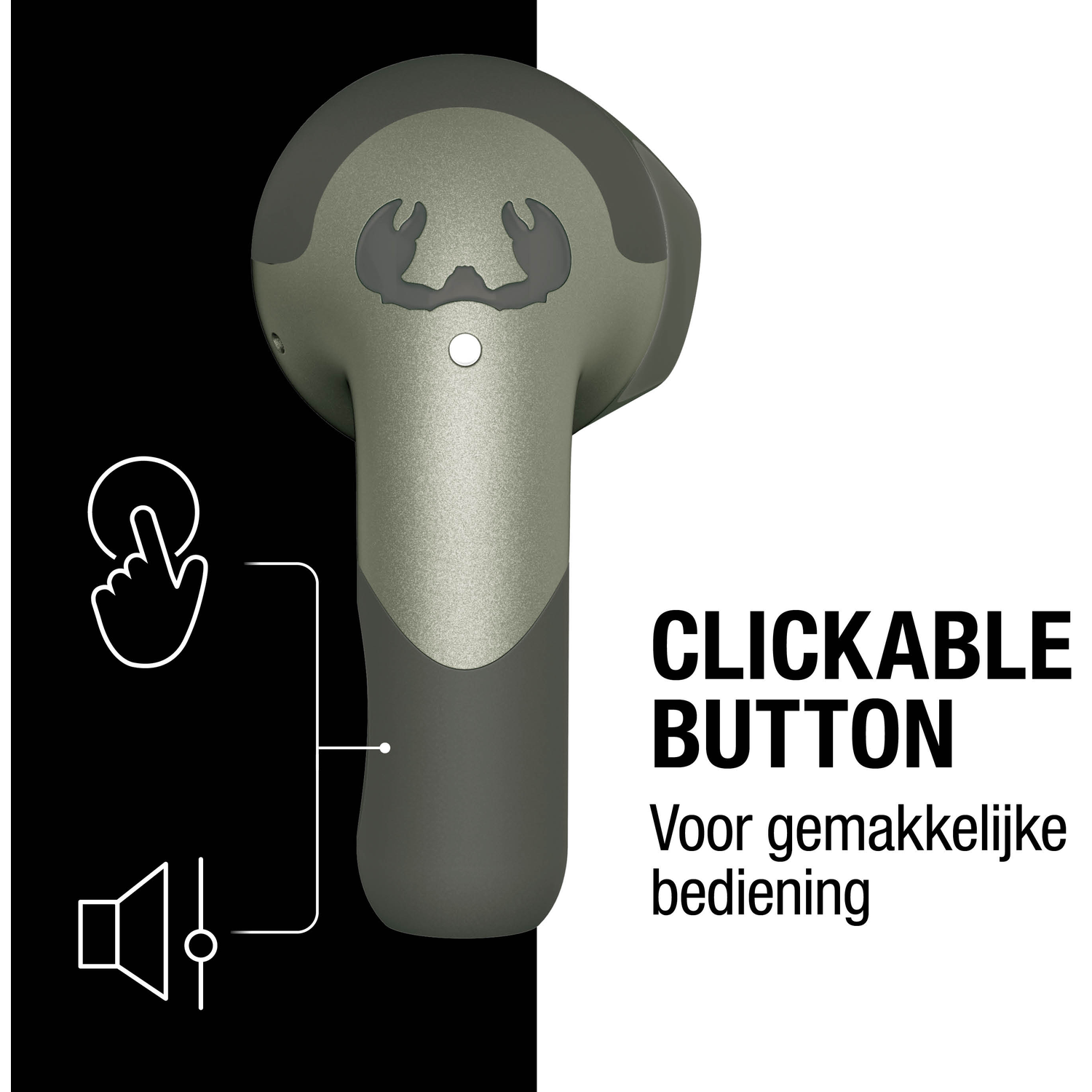 An olive-green earbud with a clickable button. Text reads: Clickable Button. Dutch text: Voor gemakkelijke bediening.