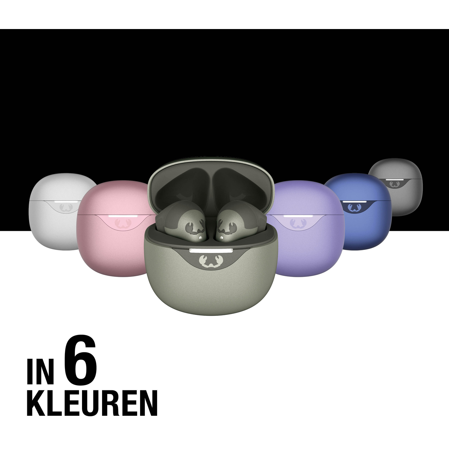 Six colorful earbud cases displayed. One case is open, revealing earbuds. Text at the bottom reads 'in 6 kleuren'.