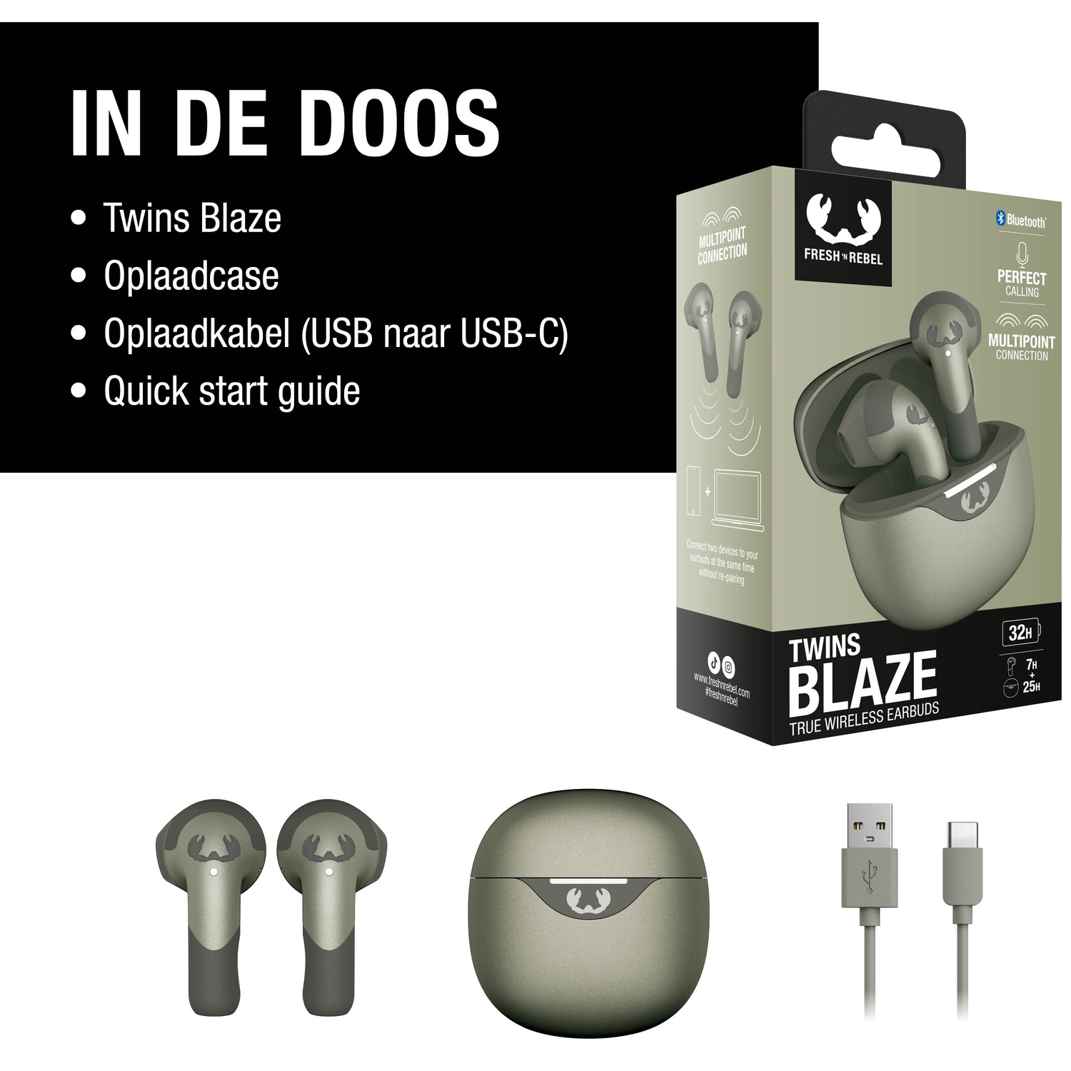 Image shows earbuds, charging case, and cable. Text includes product name 'Twins Blaze', and features like Bluetooth and Multipoint Connection.