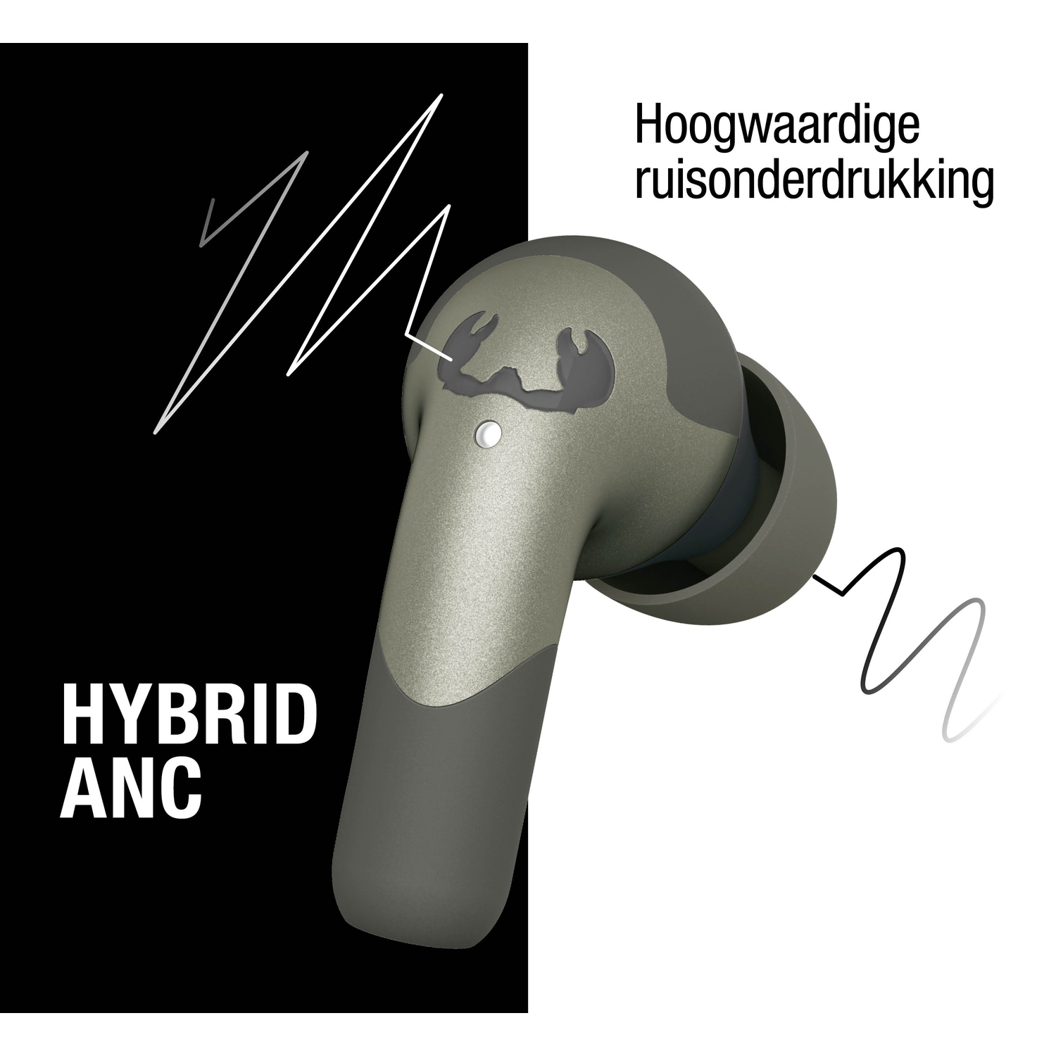 An olive-green earbud with a black and white background. Text reads 'HYBRID ANC' and 'Hoogwaardige ruisonderdrukking'.