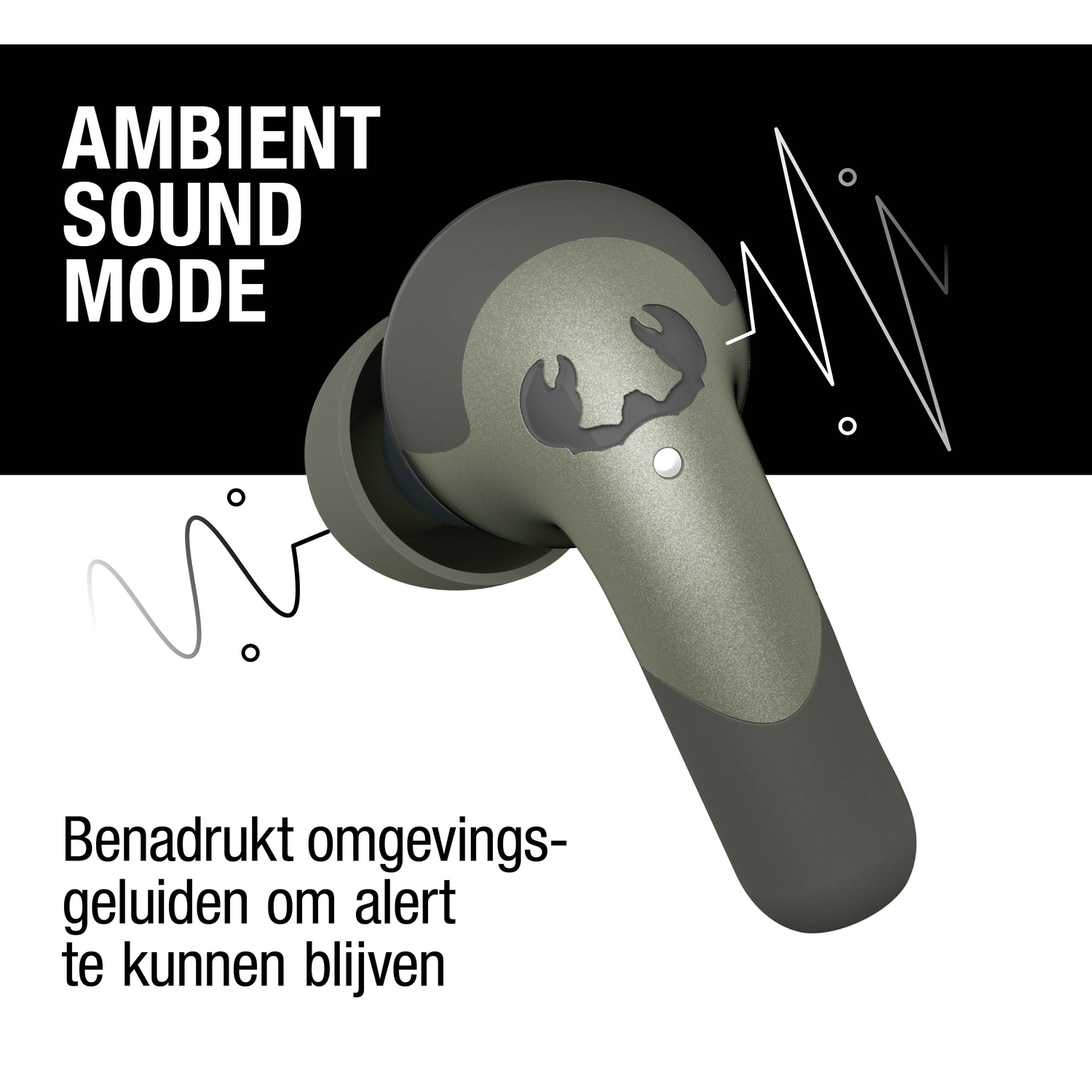 An earbud with the text 'Ambient Sound Mode'. The earbud is olive green and has a logo. White text at the bottom.