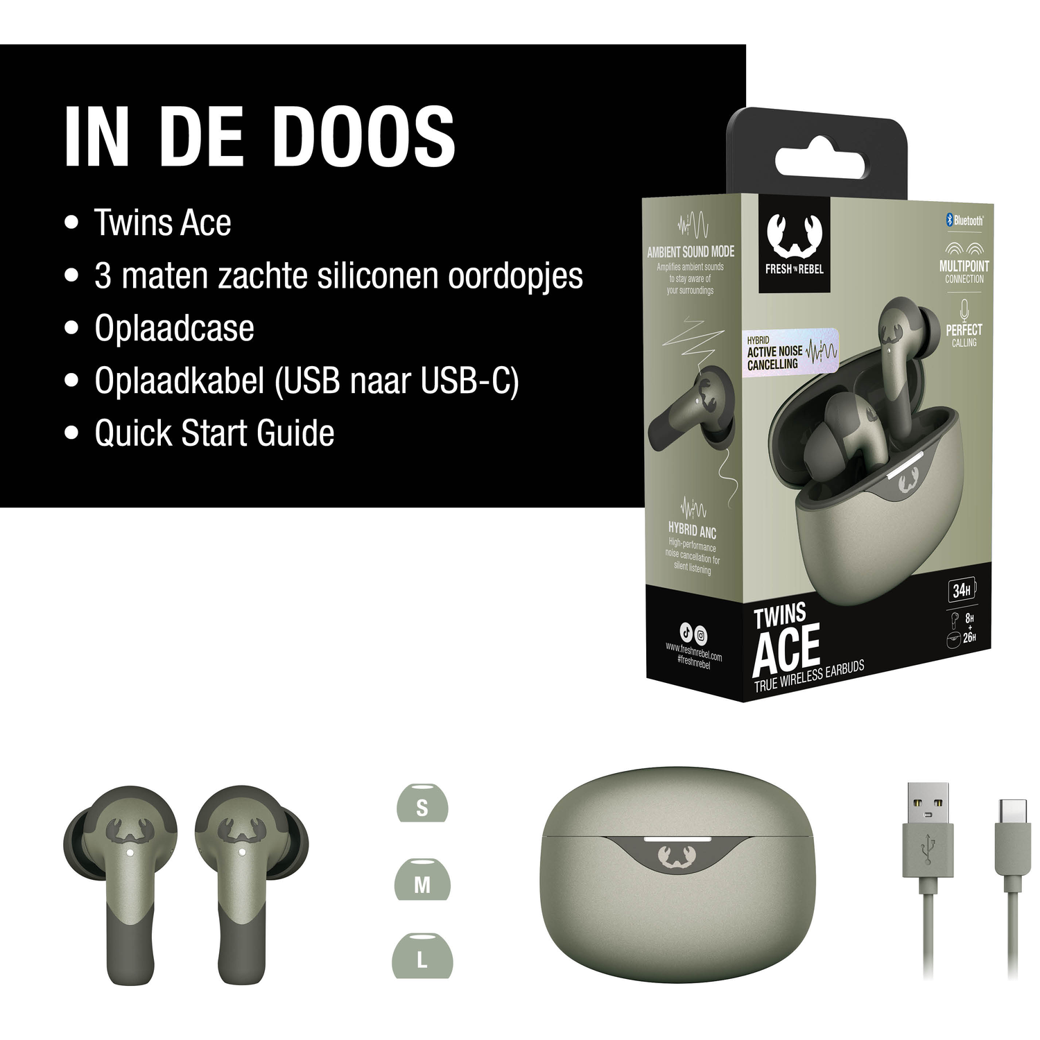 Image shows Twins Ace earbuds, case, USB cable, and included items. Text lists Twins Ace, silicone tips, case, cable, and guide.