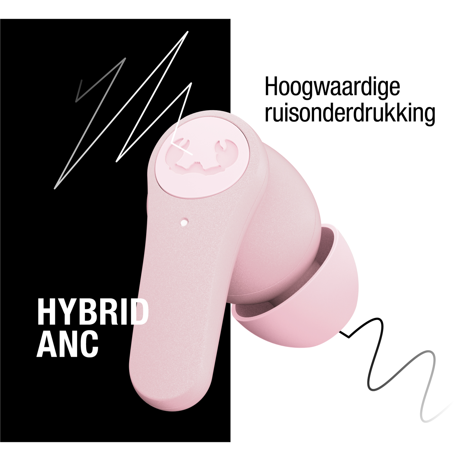 Roze oortelefoon met Hybrid ANC-tekst. De Nederlandse tekst luidt: 'Hoogwaardige ruisonderdrukking'.