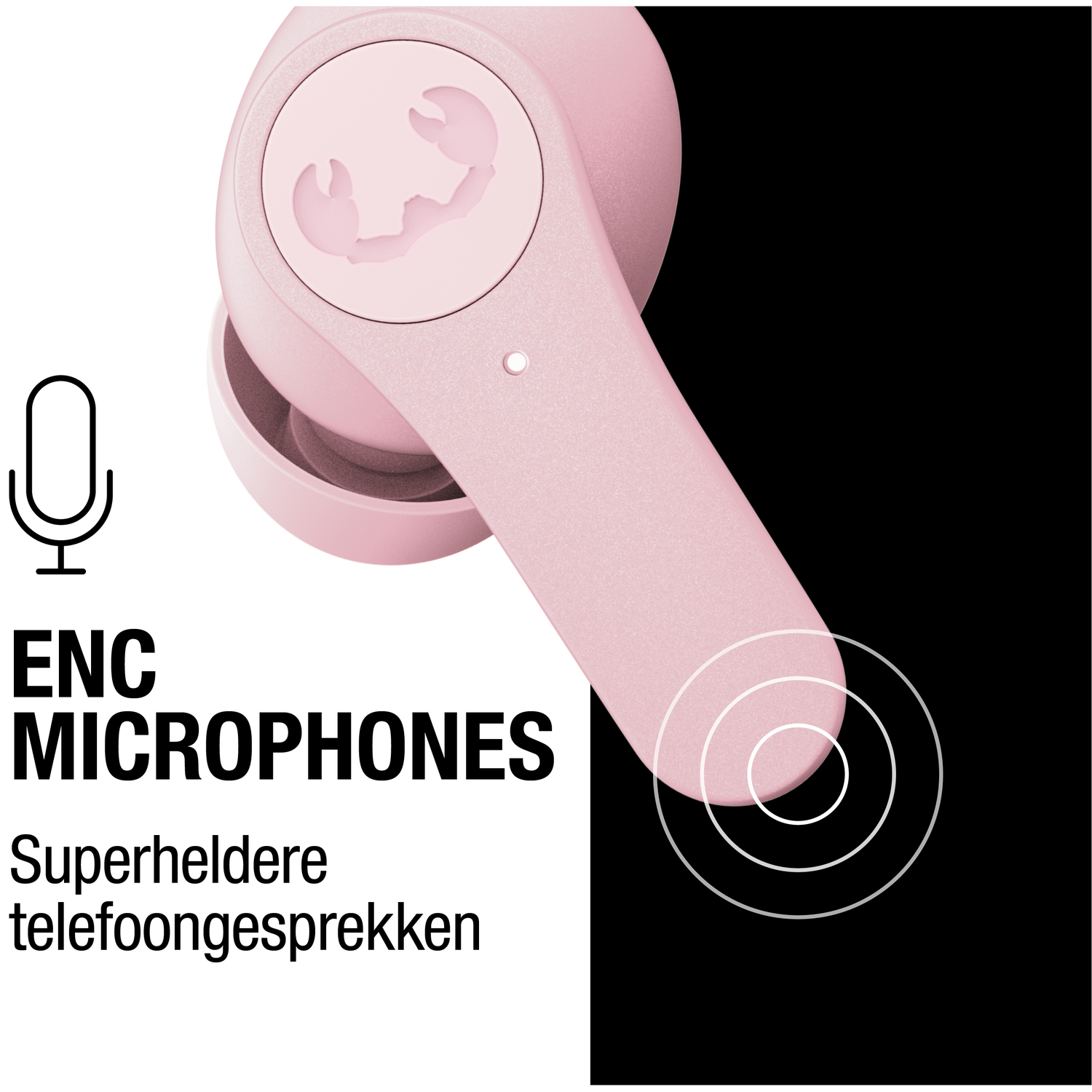 Roze oortelefoon met logo op zwart-witte achtergrond. Tekst: 'ENC MICROPHONES' en 'Superheldere telefoongesprekken'.