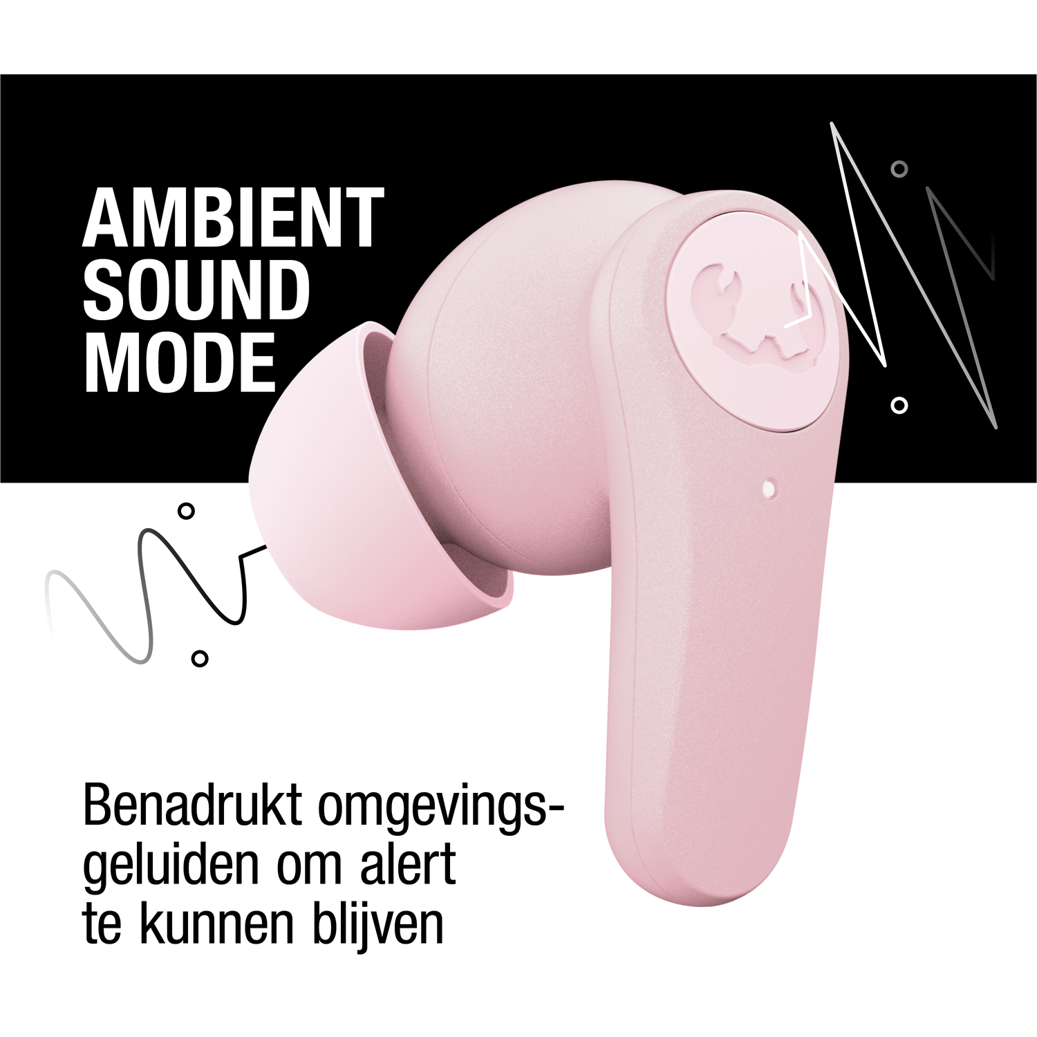 Roze oortelefoons met tekst 'AMBIENT SOUND MODE'. Zwart-witte grafische elementen. Nederlandse tekst eronder.