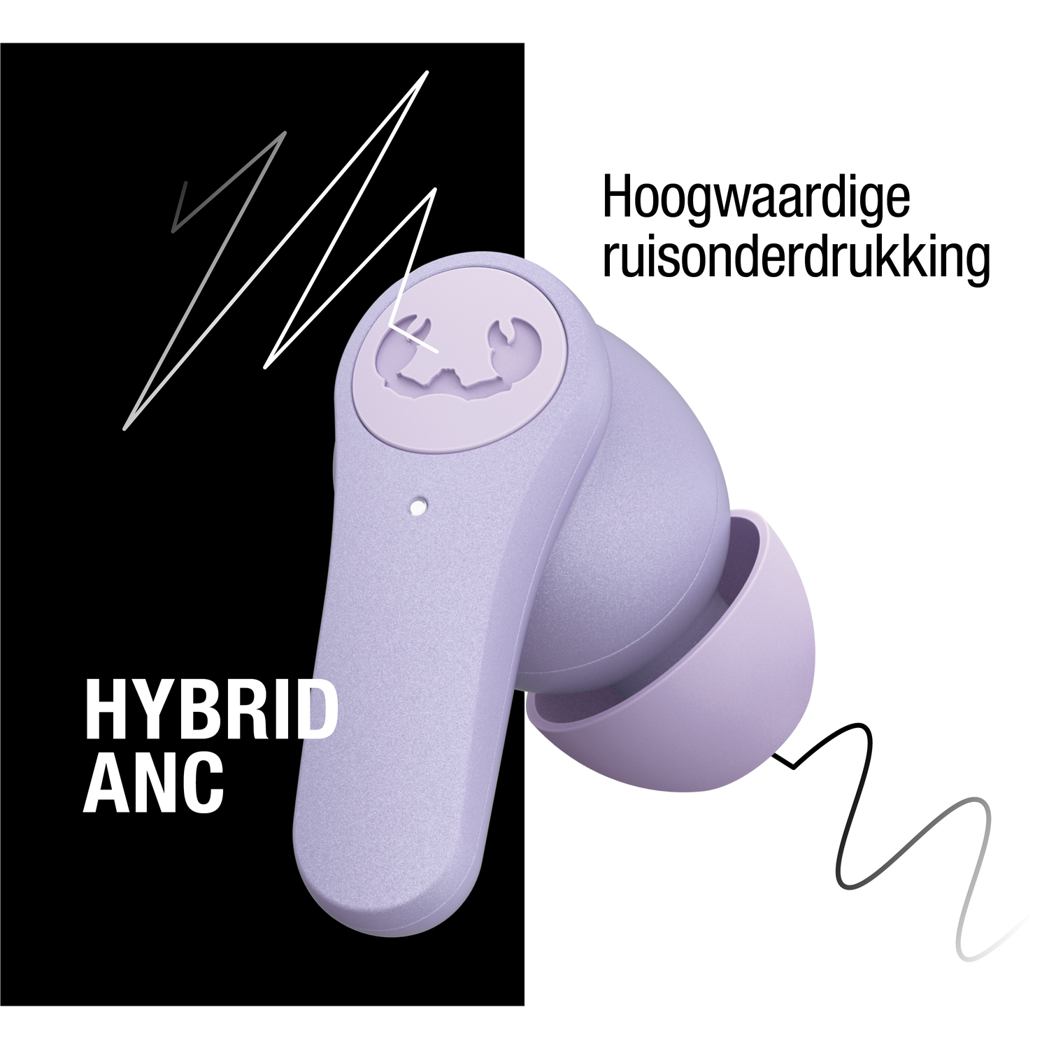 Een lavendelkleurige draadloze oordop met de tekst 'HYBRID ANC' op een zwarte achtergrond en 'Hoogwaardige ruisonderdrukking' op wit.