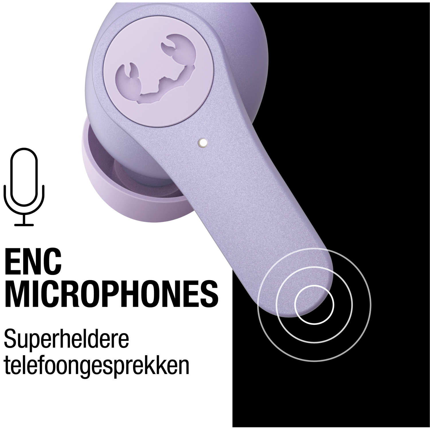 Een close-up van een paarse oortelefoon. De oortelefoon heeft een schorpioenlogo. Tekst luidt: 'ENC MICROPHONES Superheldere telefoongesprekken'.