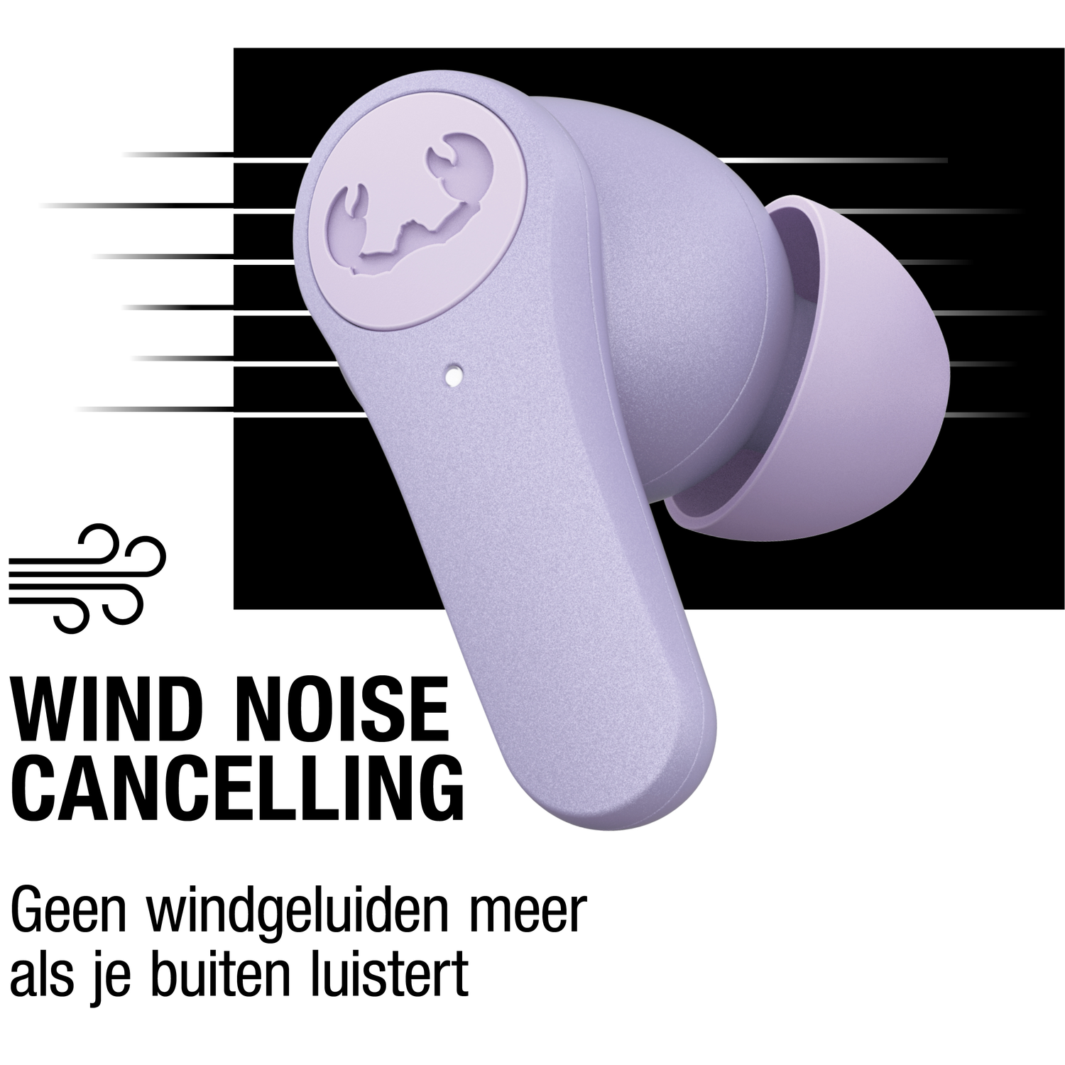 Een paarse draadloze oortelefoon met een logo op een witte achtergrond, een zwarte doos rechtsboven en tekst eronder: Windruisonderdrukking.