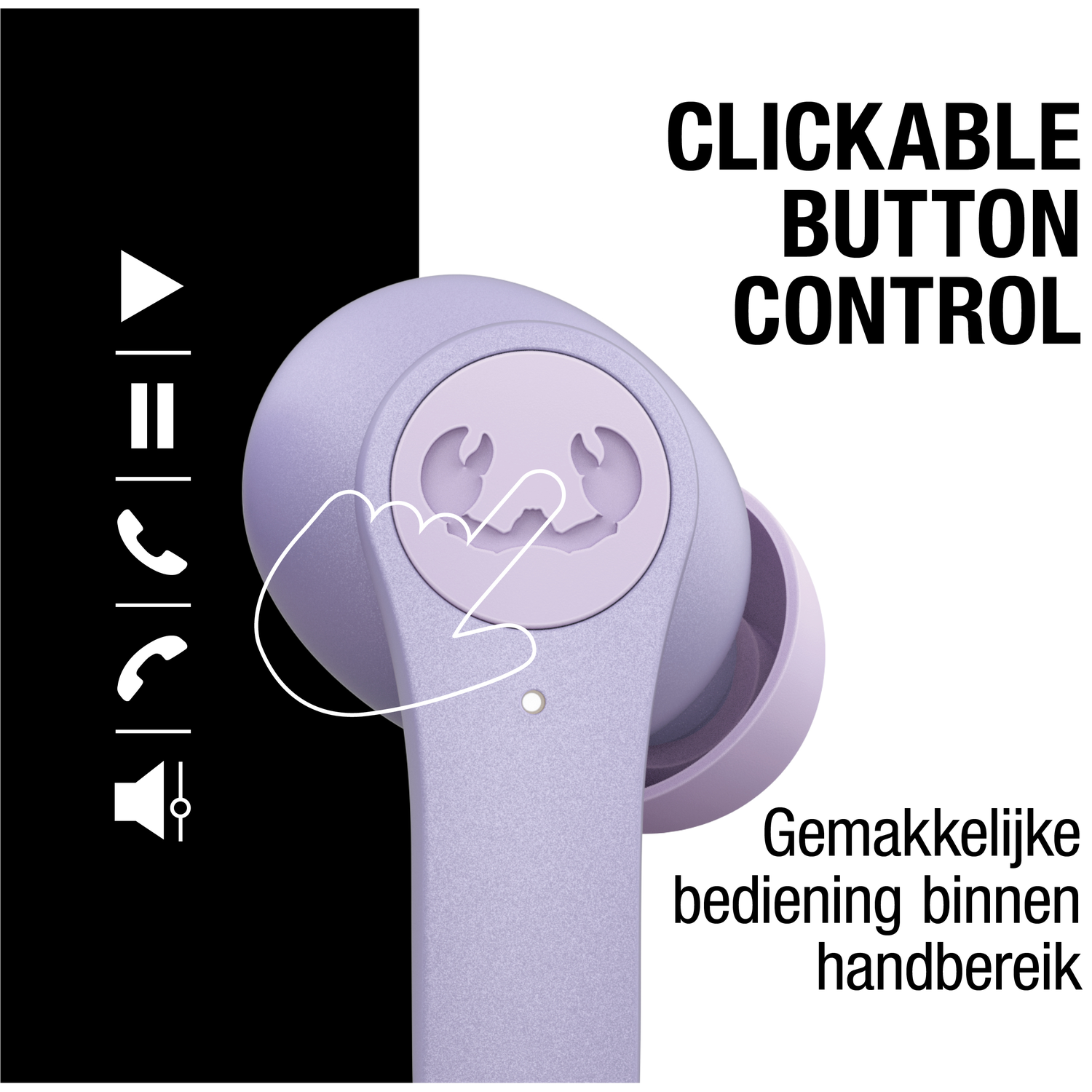 Een paarse oortelefoon met een klikbare knopbediening, handgetekende vinger die naar de knop wijst. Tekst: 'Clickable button control'.