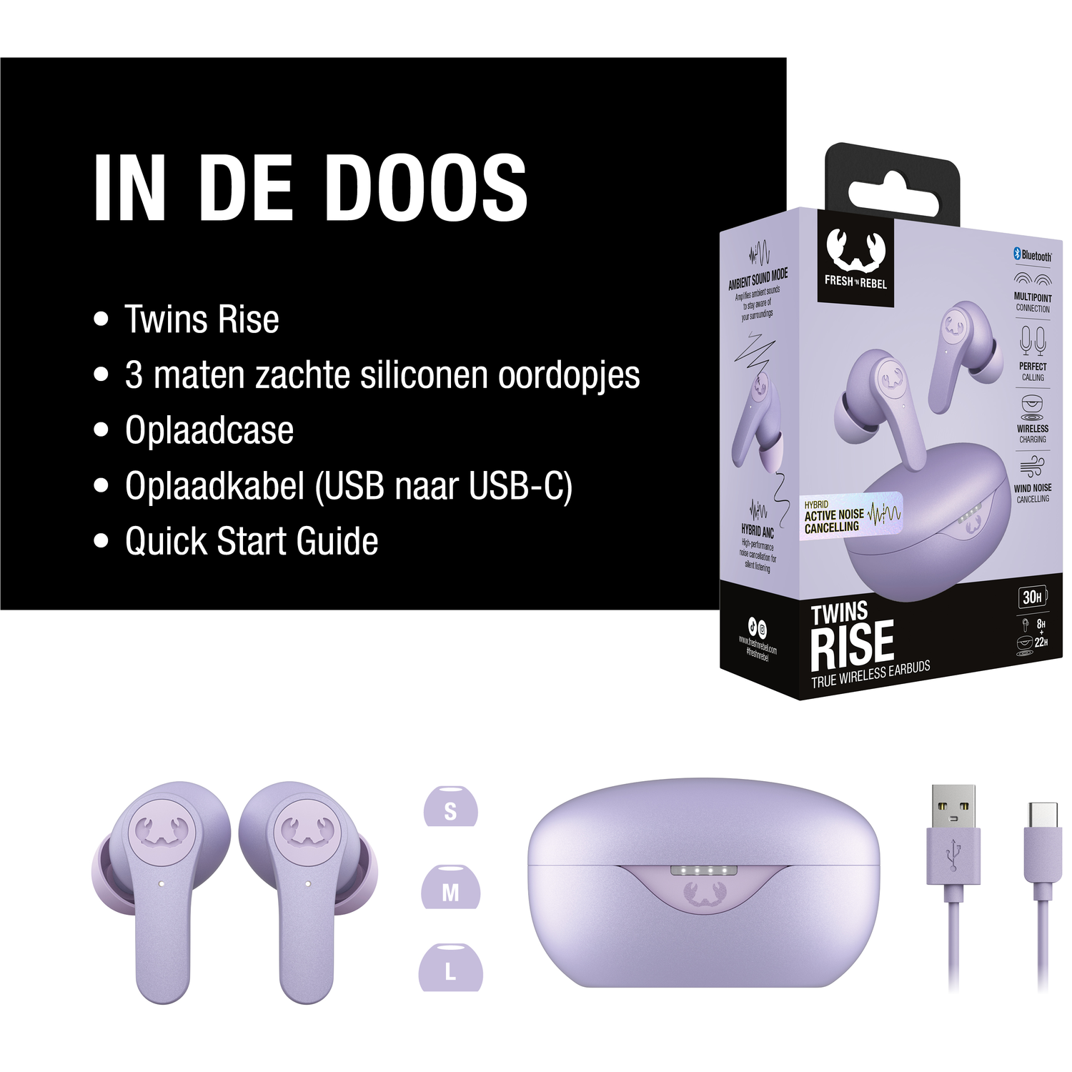 Afbeelding toont draadloze oordopjes, oplaadcase en kabel. Tekst bevat productdetails, functies en verpakkingsinhoud.