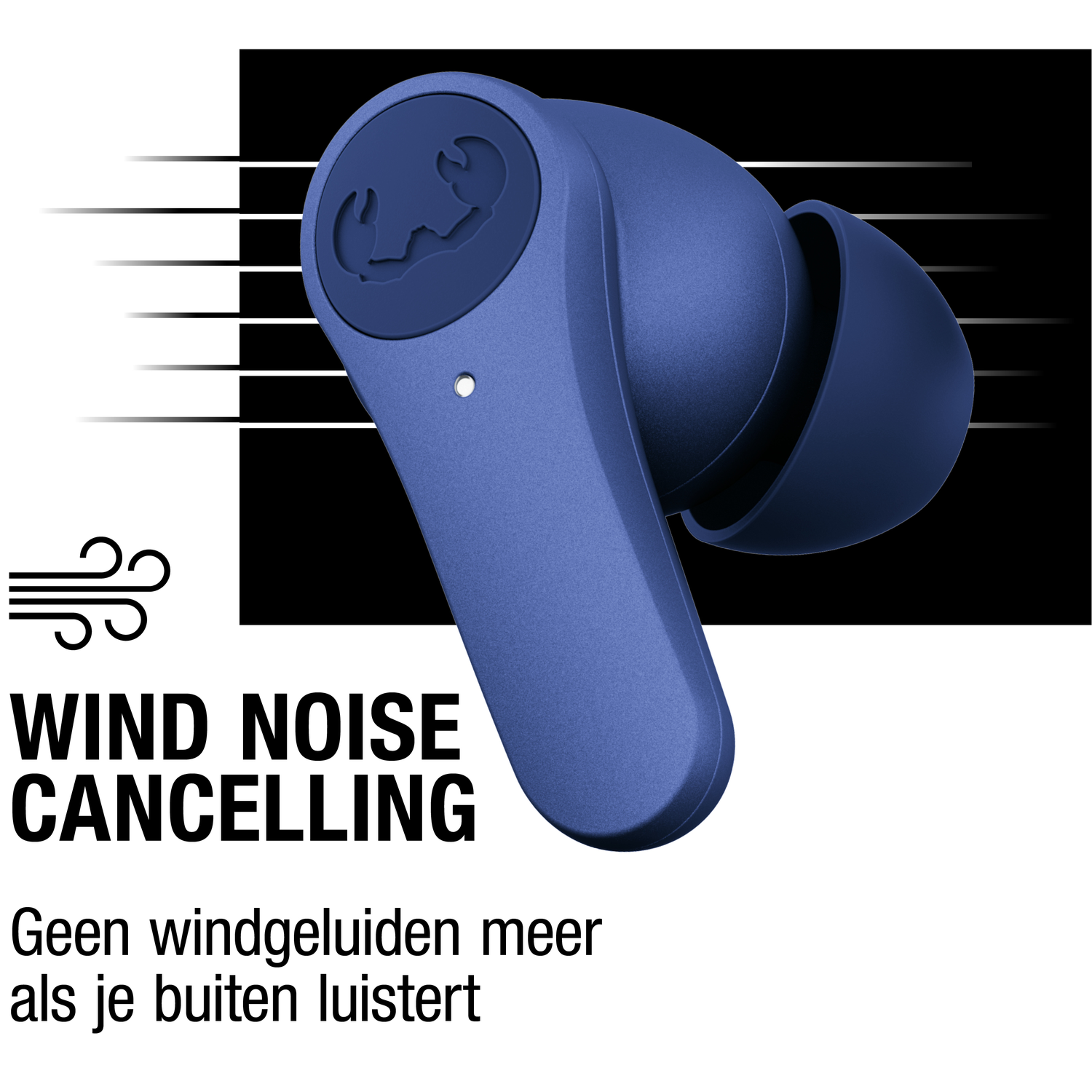 Blauwe draadloze oordopjes met logo op een zwart-witte achtergrond. Tekst luidt 'Wind Noise Cancelling'.