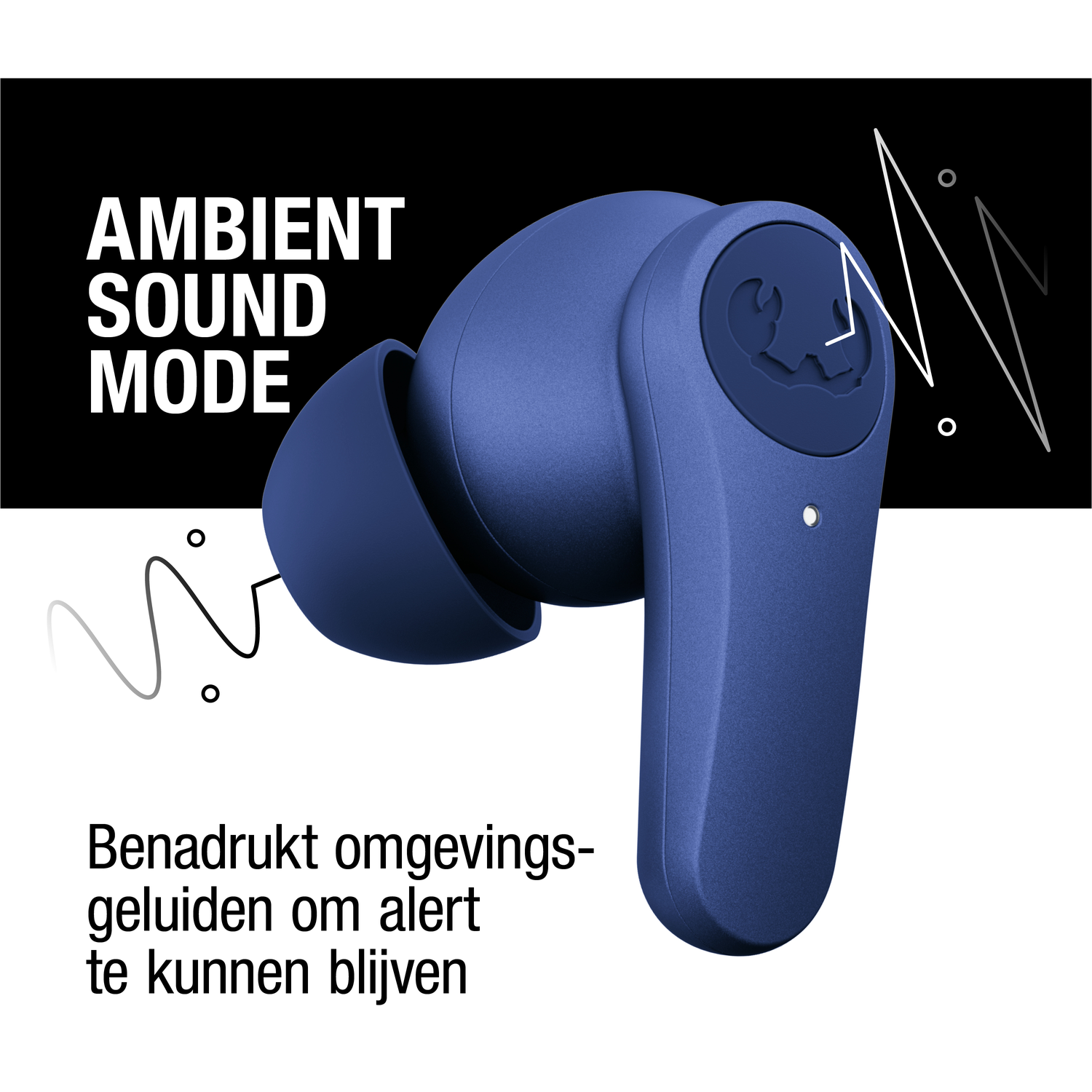 Een blauwe draadloze oortelefoon met de tekst "AMBIENT SOUND MODE". Een grafiek toont geluidsgolven. Tekst in het Nederlands hieronder.