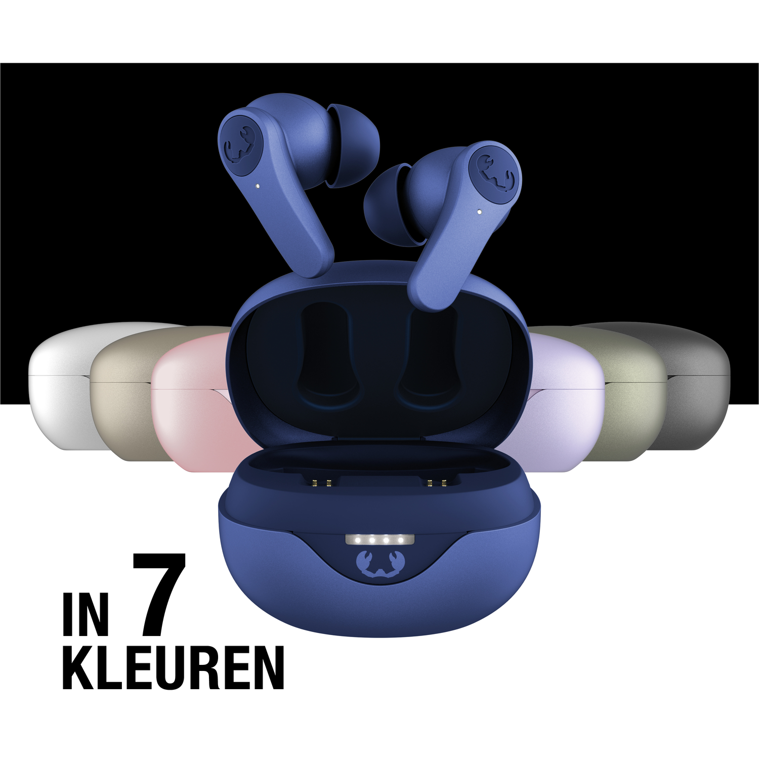 Blauwe oortelefoons met etui voor zes gekleurde etuis. Tekst 'In 7 kleuren'.