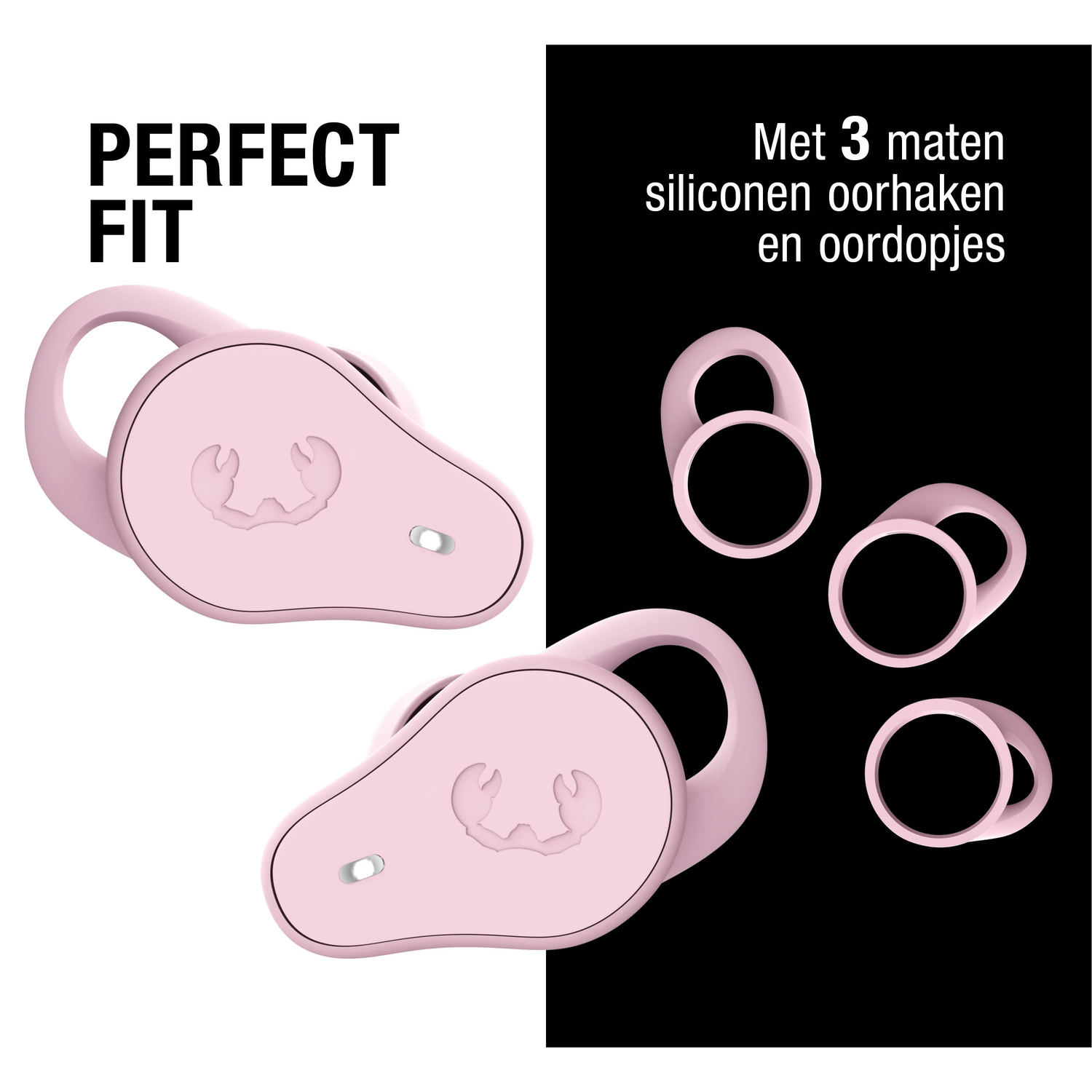 Roze oortelefoons met haken en extra oordopjes op een zwart-witte achtergrond. Tekst zegt 'Perfect Fit' en kenmerken van de oortelefoon.