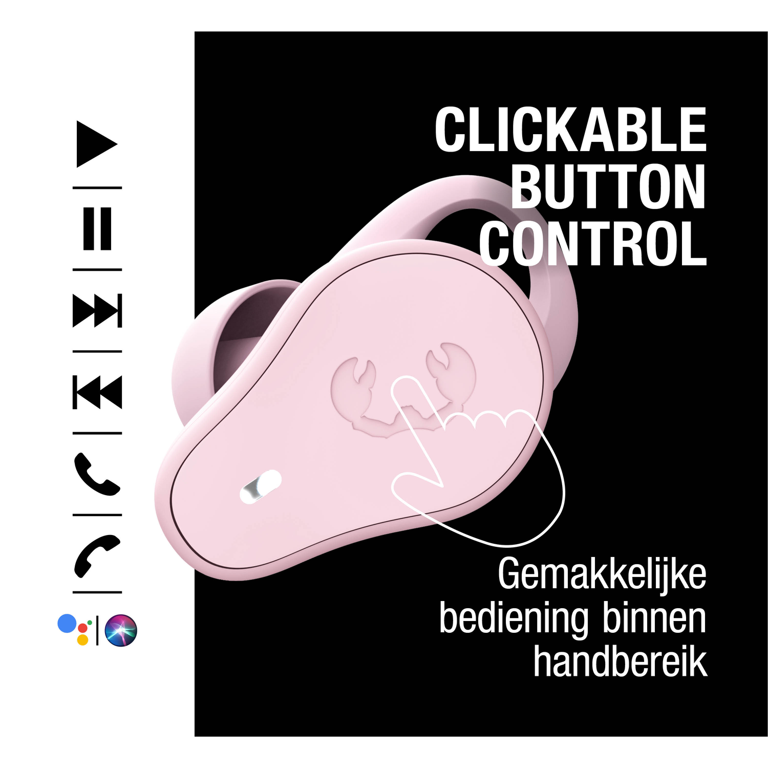 Roze oortelefoon met wit handsymbool, tekst "CLICKABLE BUTTON CONTROL" en "Gemakkelijke bediening binnen handbereik" op zwarte achtergrond.