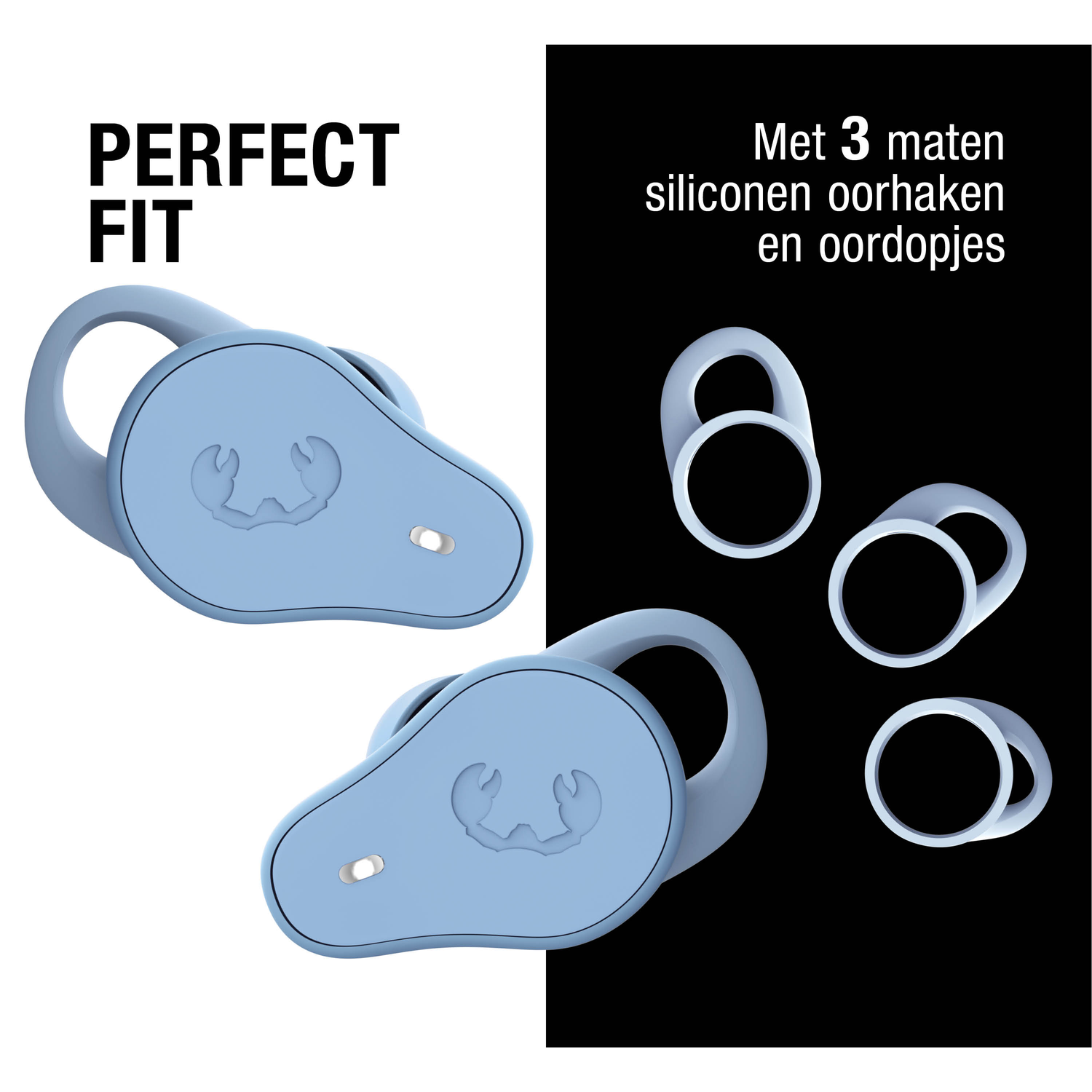 Afbeelding toont twee blauwe oordopjes met oorhaken en drie witte siliconen oortips. Tekst luidt 'PERFECT FIT' en 'Met 3 maten siliconen oorhaken en oordopjes'.