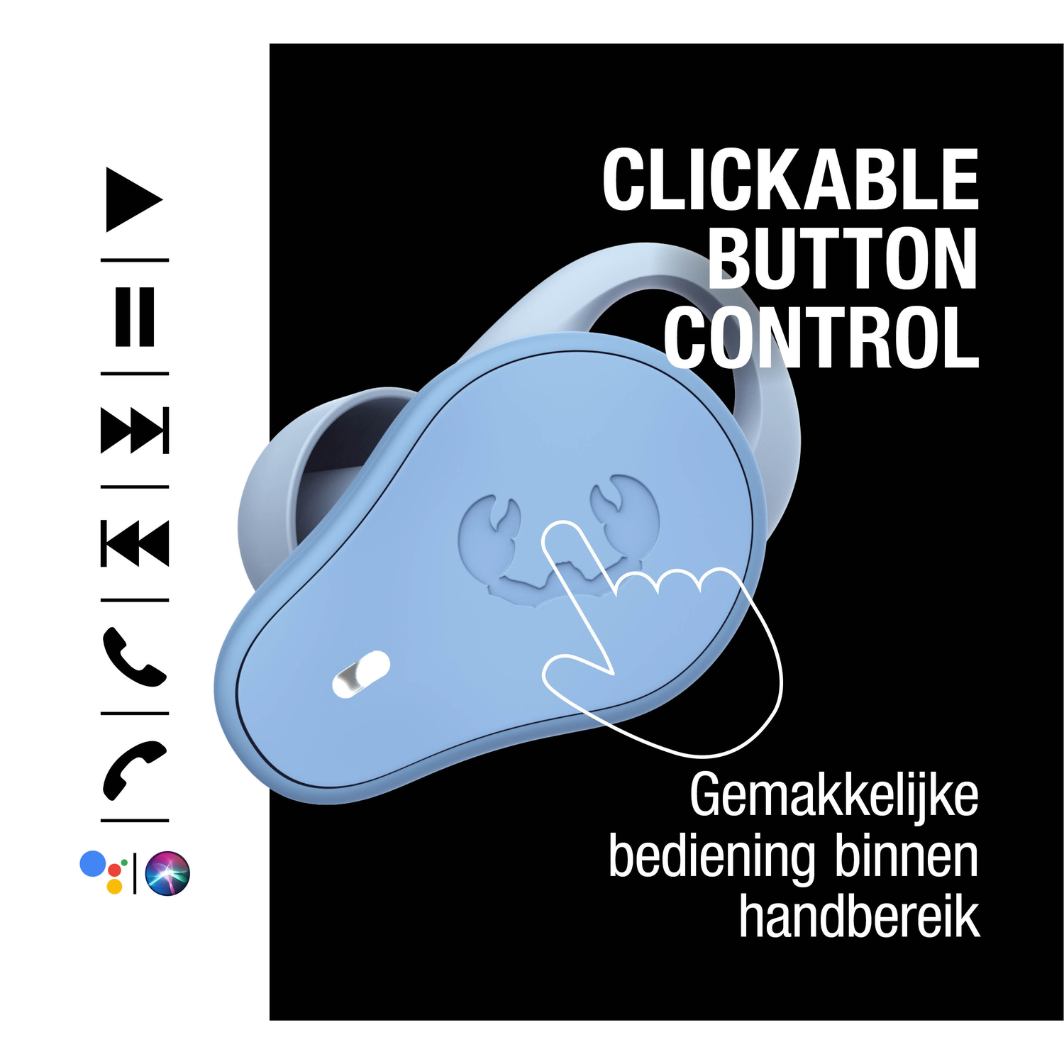 Blauwe oortelefoon met wit hand symbool, tekst 'Clickable Button Control'. Zwarte achtergrond. Pictogrammen links.