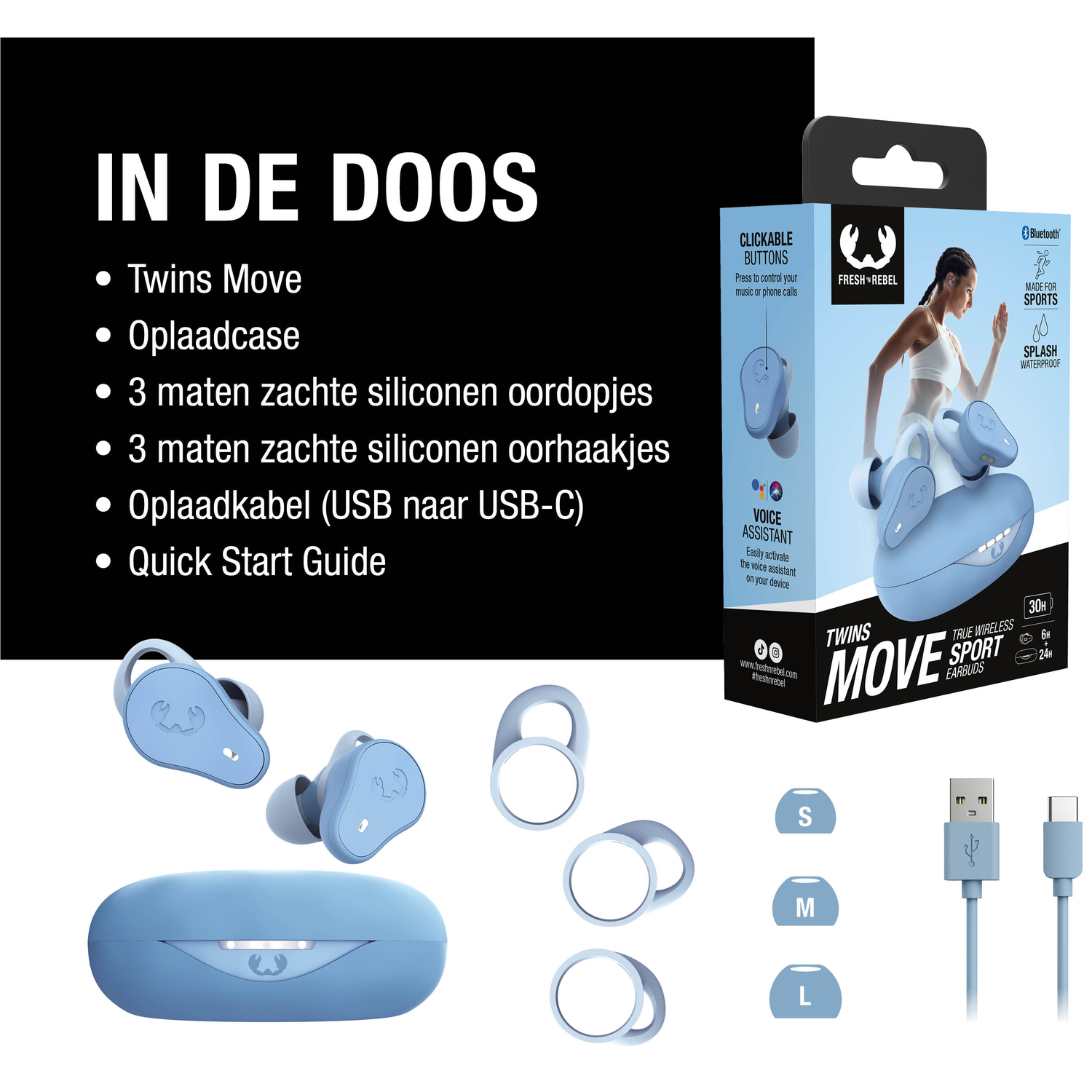 Afbeelding toont oordopjes, oplaadcase, oortips en oplaadkabel. Tekst somt items in de doos op.