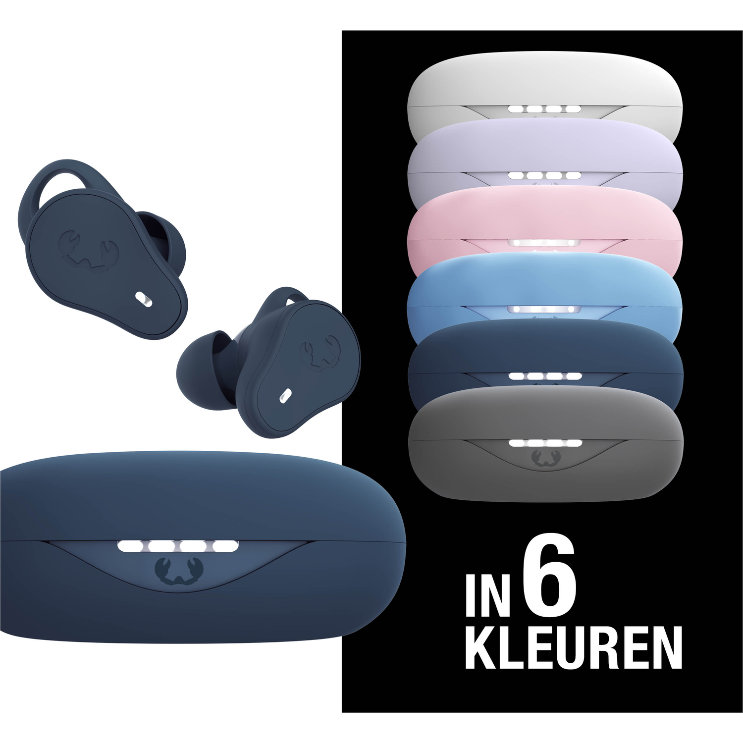 Afbeelding toont oortelefoons en oplaadcases in diverse kleuren. Tekst: 'in 6 kleuren'.