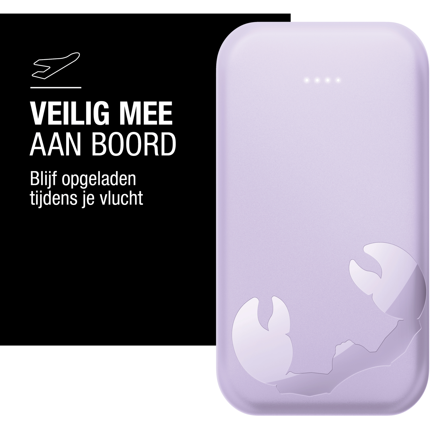 A purple power bank with a crab design. Text on black background: Safe on board. Stay charged during your flight.