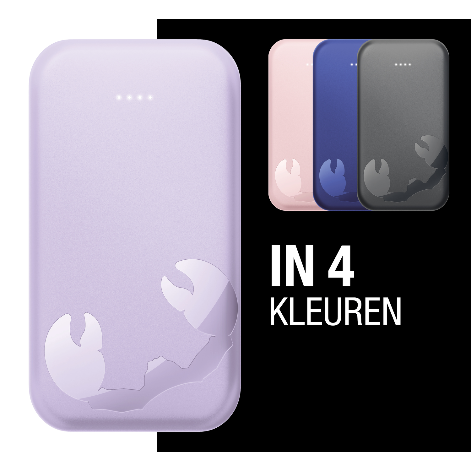 Image shows a purple power bank with a crab design. Three other colored power banks are displayed. Text says 'IN 4 KLEUREN'.