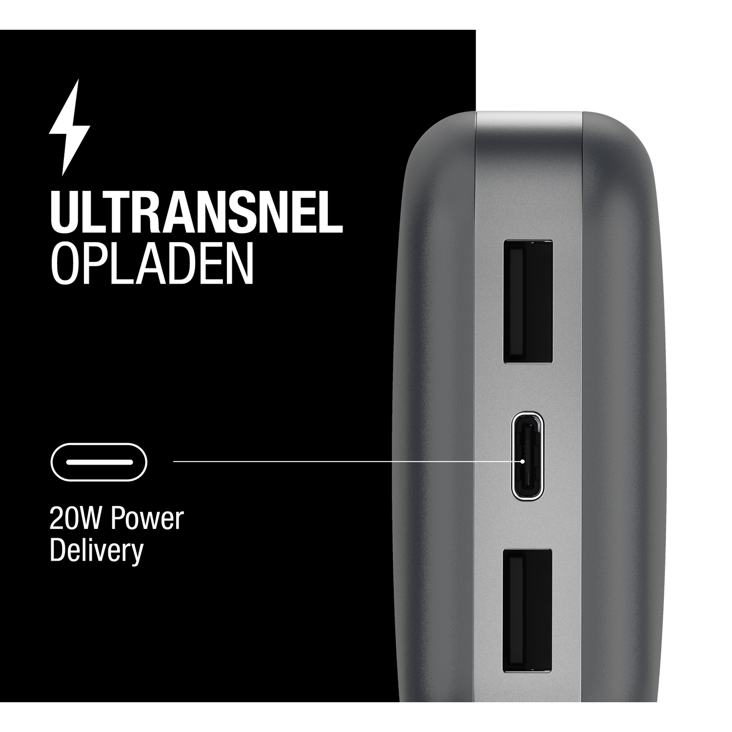 A gray power bank with charging ports. Text reads 'Ultraladning' and '20W Power Delivery'.