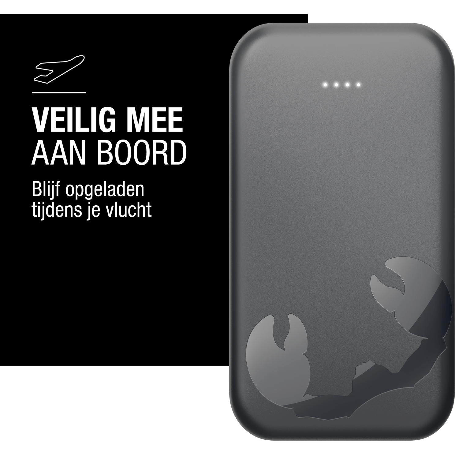 A dark gray power bank with a scorpion logo. It has four small white lights at the top. Text on the left says 'safe on board'.