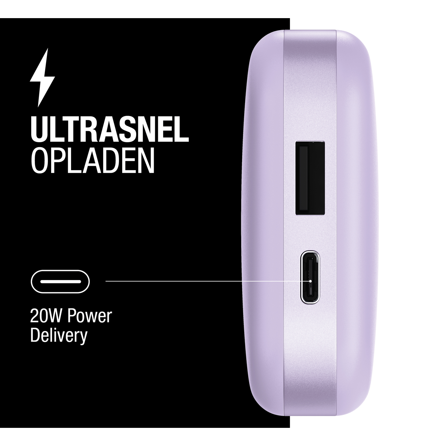 A purple power bank with USB and USB-C ports. Text says 'Ultrasnel Opladen' and '20W Power Delivery' on a black background.