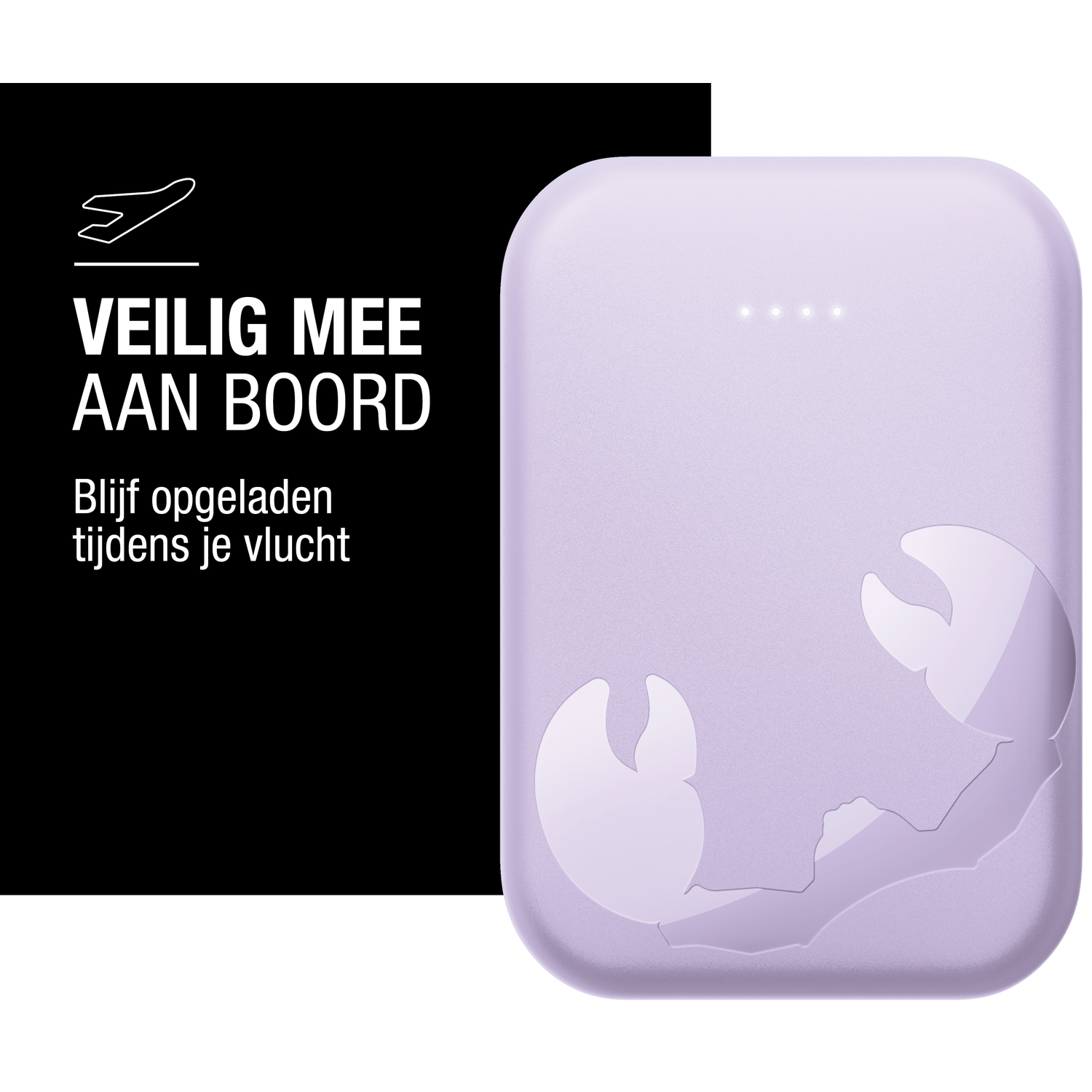 A light purple power bank with a white outline of a crab. Text on the left says: safe on board, stay charged during your flight.