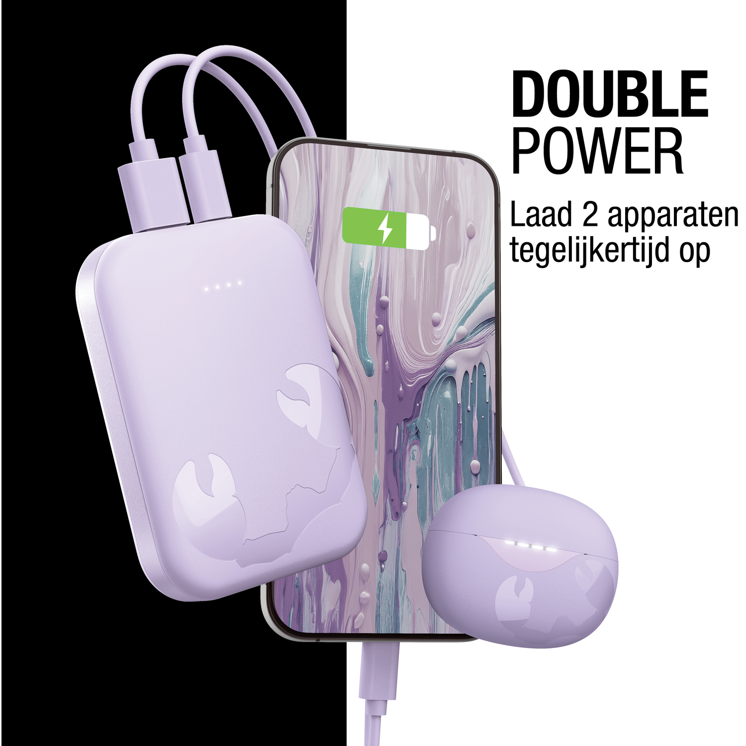 A purple power bank, phone, and earbuds are displayed. The phone shows a charging icon. The text says 'DOUBLE POWER'.