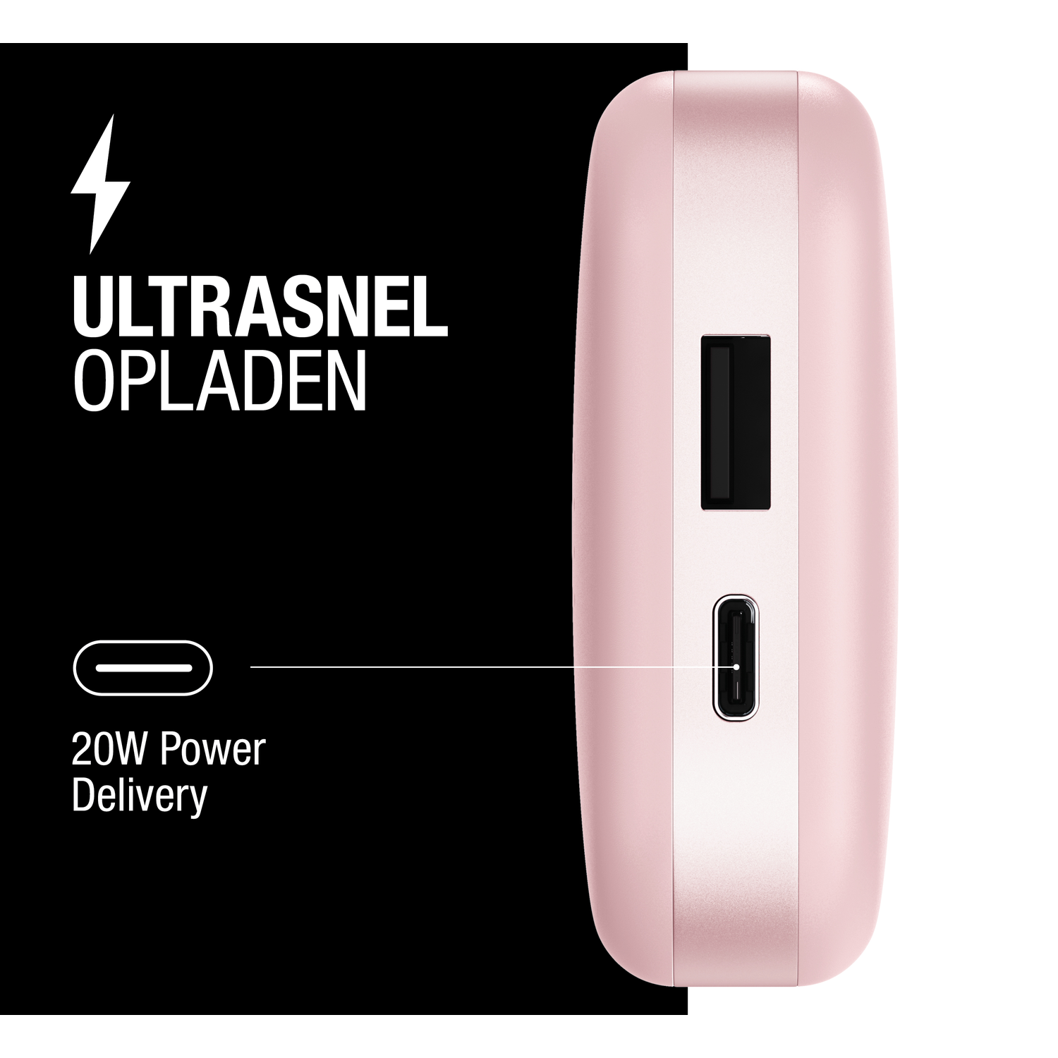 Pink power bank with USB and USB-C ports. Text on a black background says 'ULTRASNEL OPLADEN' and '20W Power Delivery'.