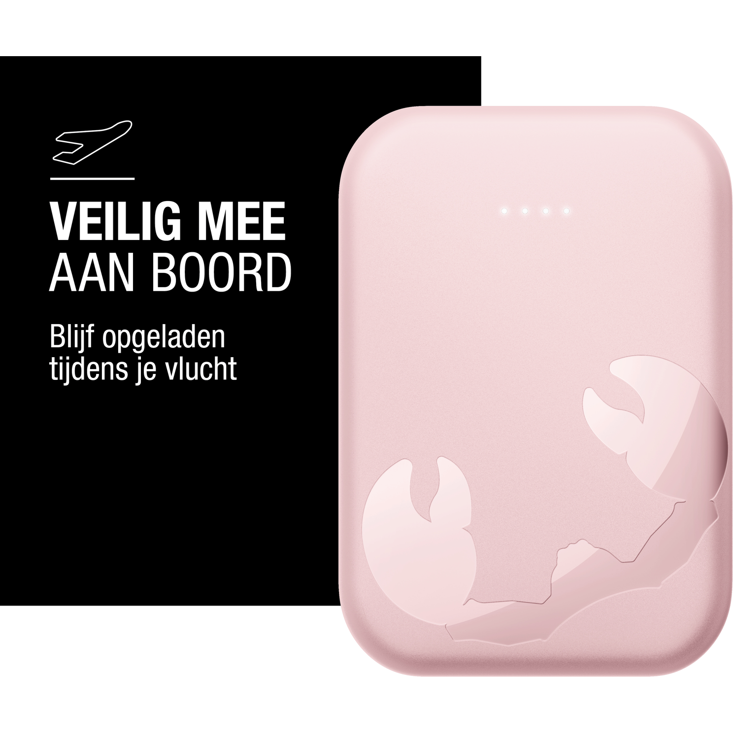 Pink power bank with a design on it, next to a black square with white text that says 'safe on board' in Dutch.