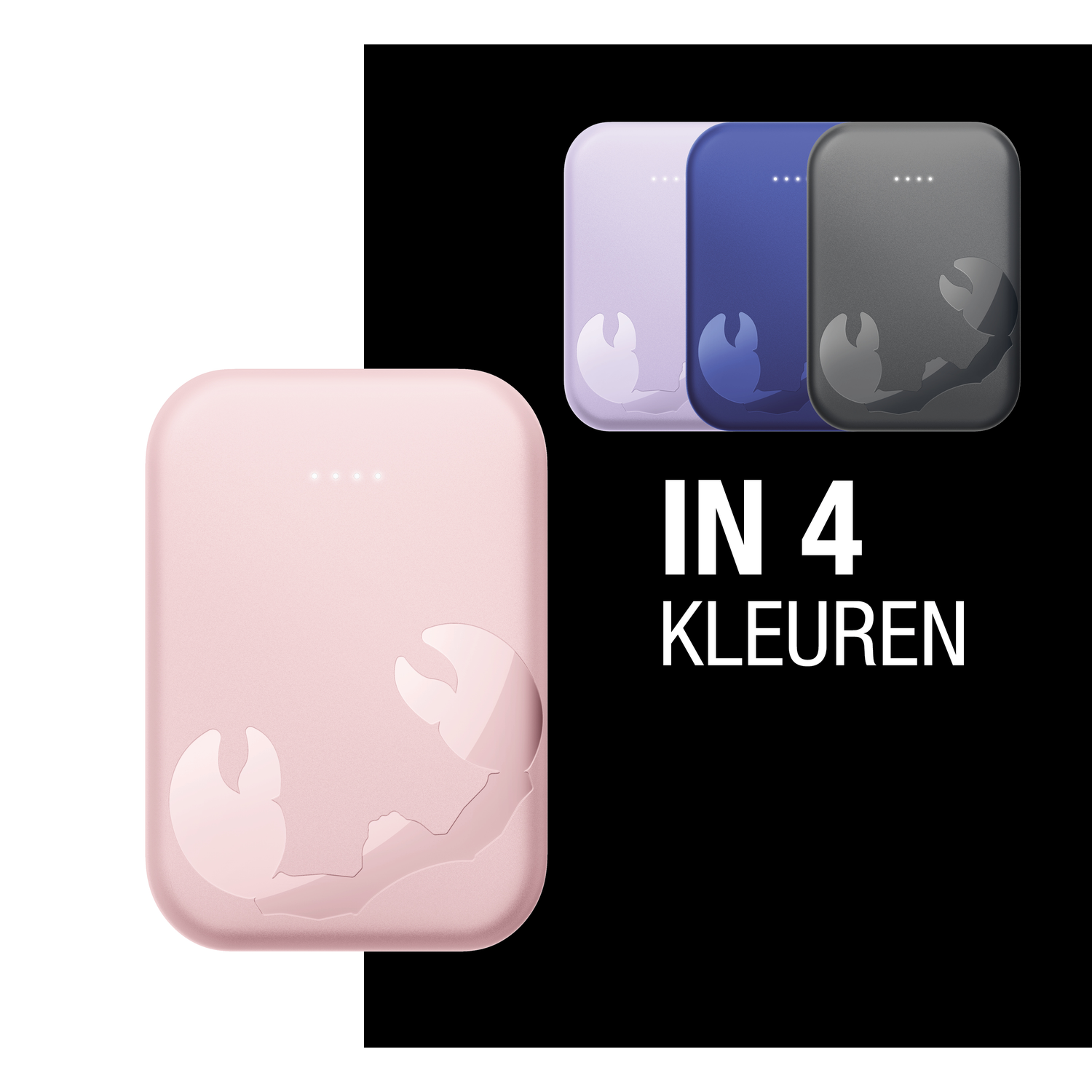 Pink power bank with crab design. Three other power banks in purple, blue, and gray. Text: 'IN 4 KLEUREN'.