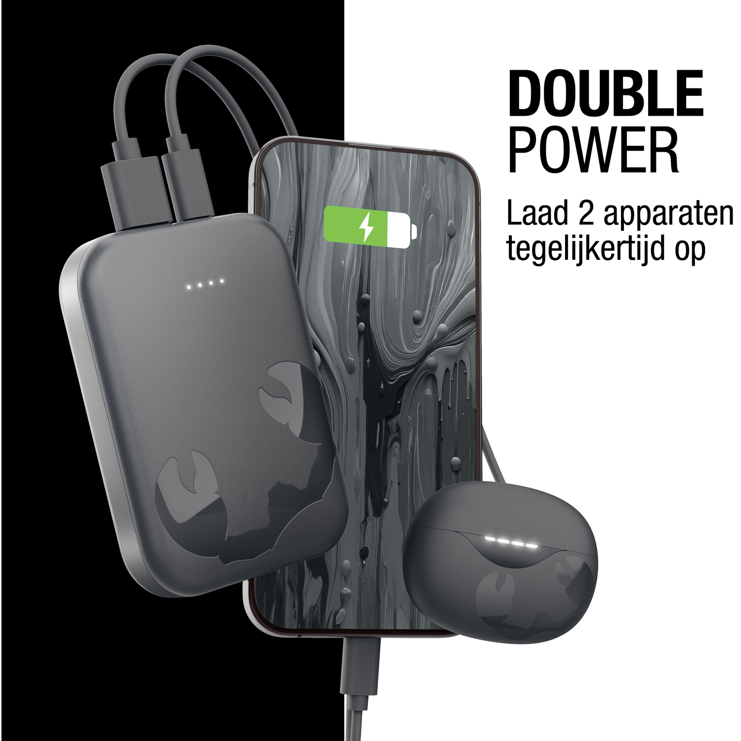 Afbeelding toont een telefoon die oplaadt met een powerbank en oortelefoons. Tekst zegt 'Double Power' en 'Laad 2 apparaten tegelijk op'.