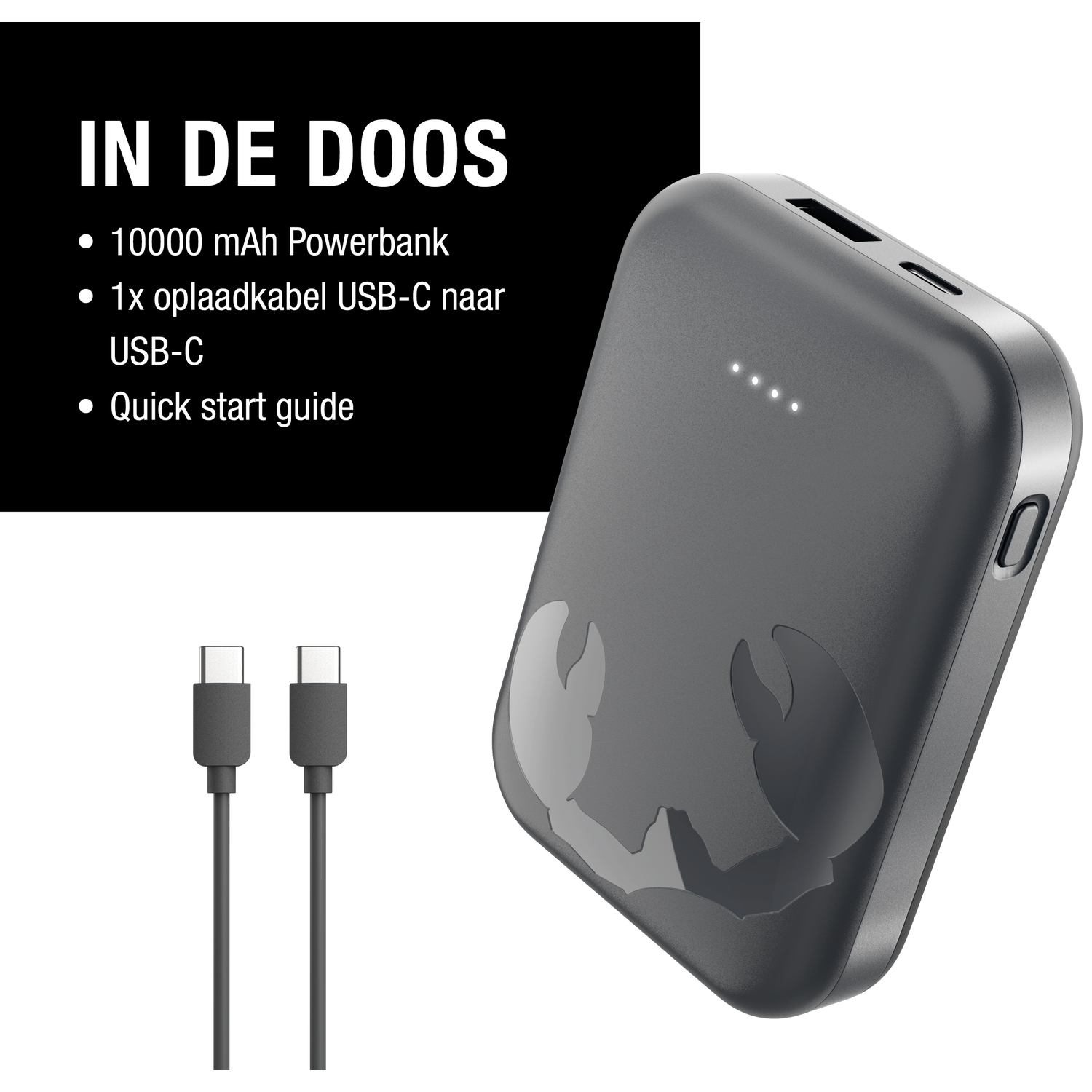 Een donkergrijze powerbank met twee USB-C-kabels. Tekst op een zwarte doos vermeldt items: powerbank, USB-C-kabel en snelstartgids.