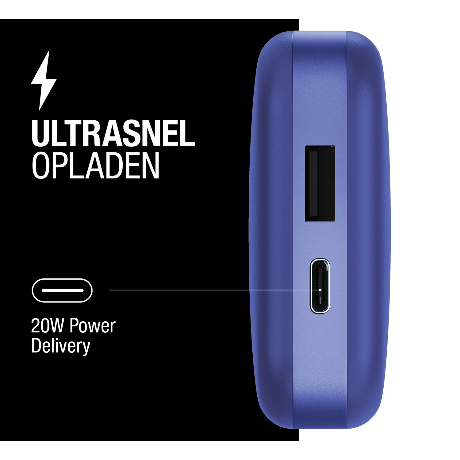 A blue power bank with USB ports and text that reads 'ULTRASNEL OPLADEN' and '20W Power Delivery'.