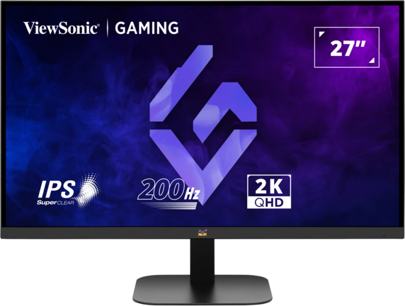ViewSonic oyun monitörü. Özellikler: IPS, 200Hz, 2K QHD ve 27 inç ekran. Mor ve mavi arka planlı siyah stand.
