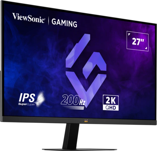 ViewSonic oyun monitörü. Özellikler: IPS, 27", 200Hz ve 2K QHD. Ekran mor ve mavi bir arka plan gösteriyor.