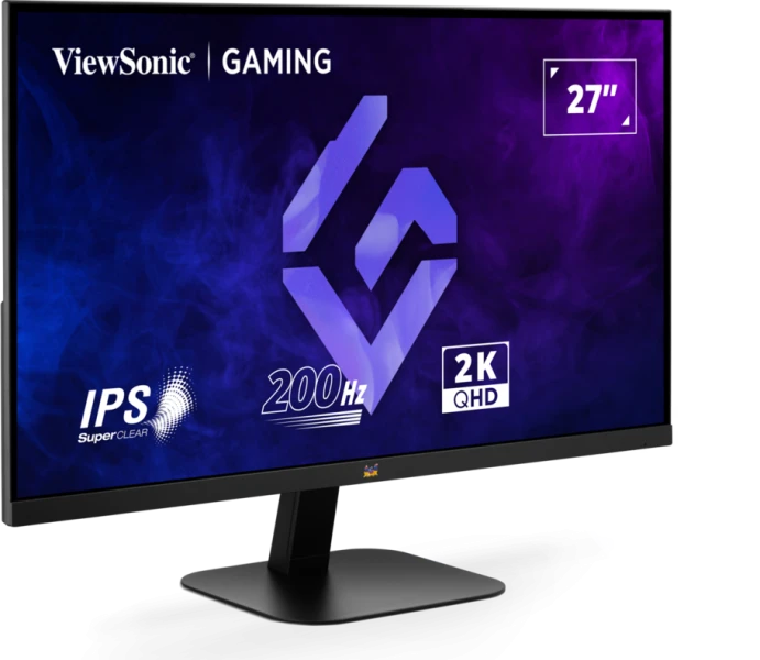 ViewSonic oyun monitörü. Özellikler: 27", 200Hz, 2K QHD ve IPS SuperClear. Siyah stand ve çerçeve.